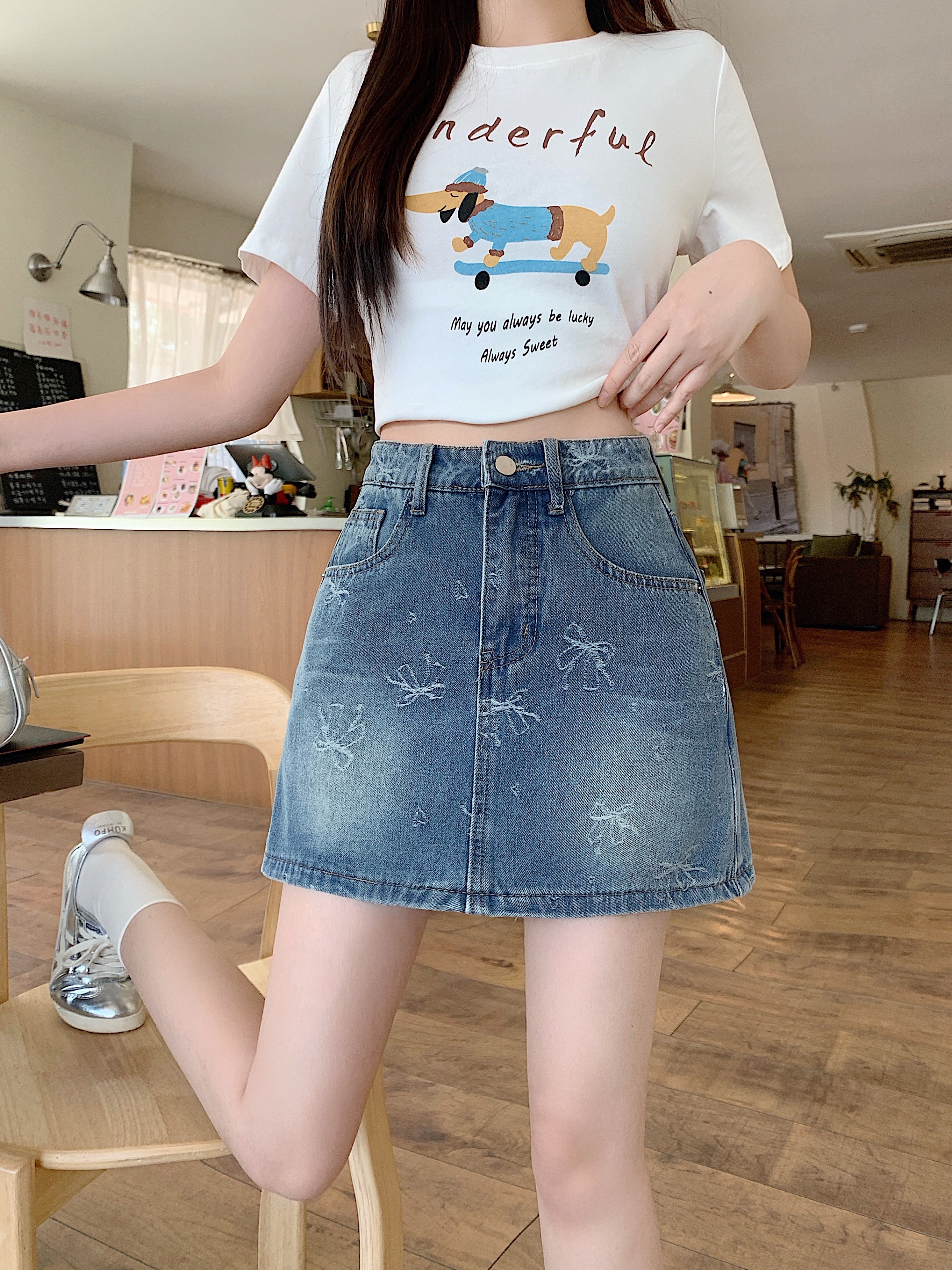 B446(66130) 韩系JEANS甜美风蝴蝶结印花设计感蓝前裙后裤