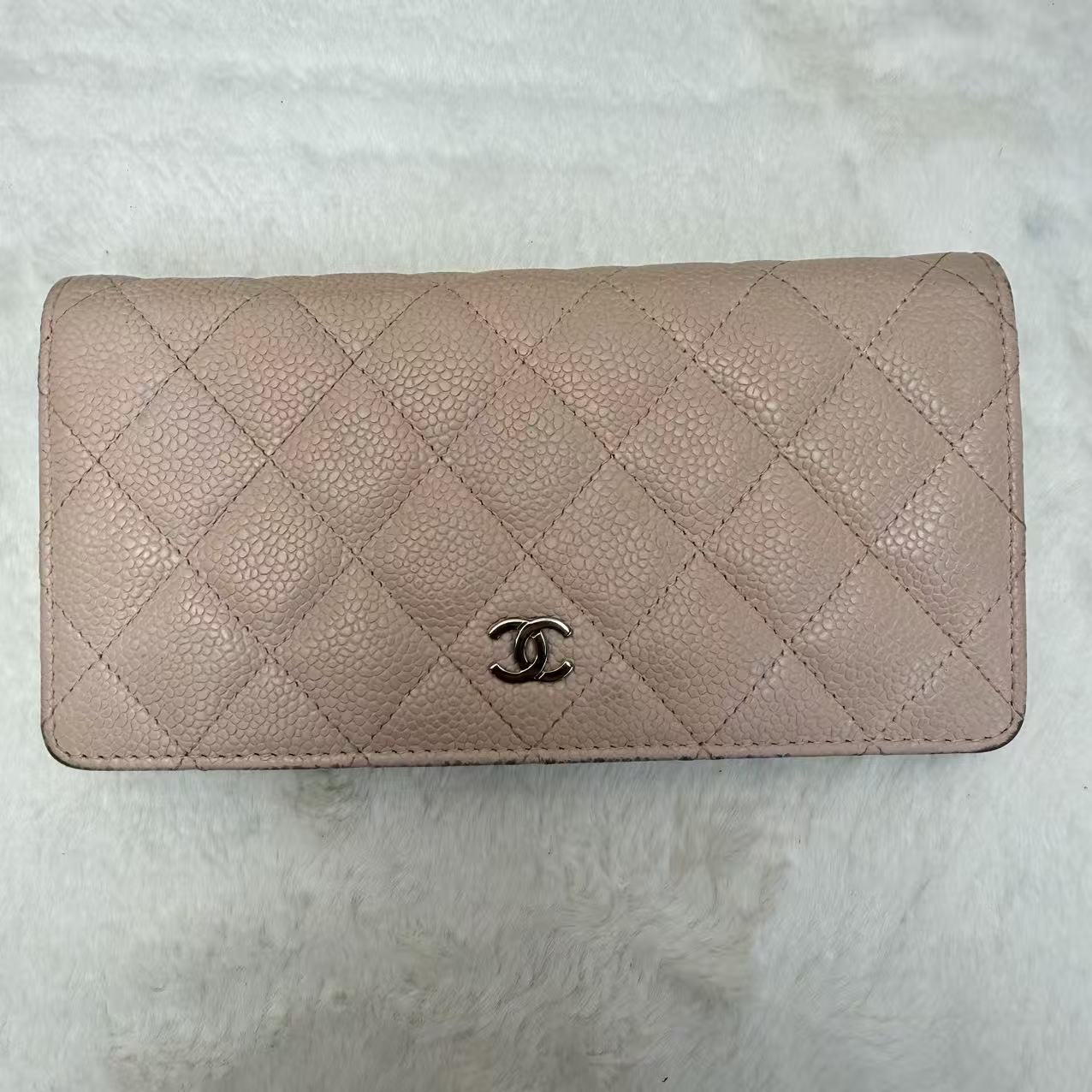 🎀Chanel淡粉系列 牛皮銀扣長銀包🎀