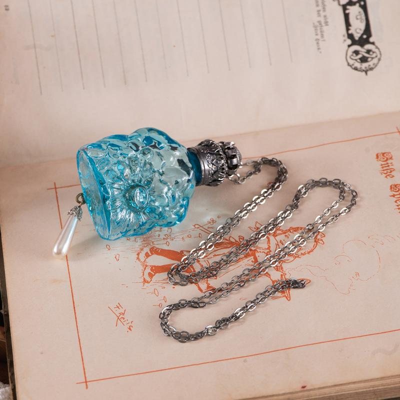 Vintage Sky Blue 3D Floral Glass Dangle Faux Pearl Purse Perfume Bottle Necklace - Recomposed New Old Stock(MZ001-16)