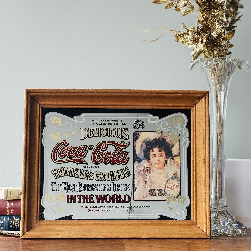 Vintage C.a. 1970s Coca-Cola Mirror Sign Delicious 5 cent Relieves Fatigue Framed Advertisement (MT2205)