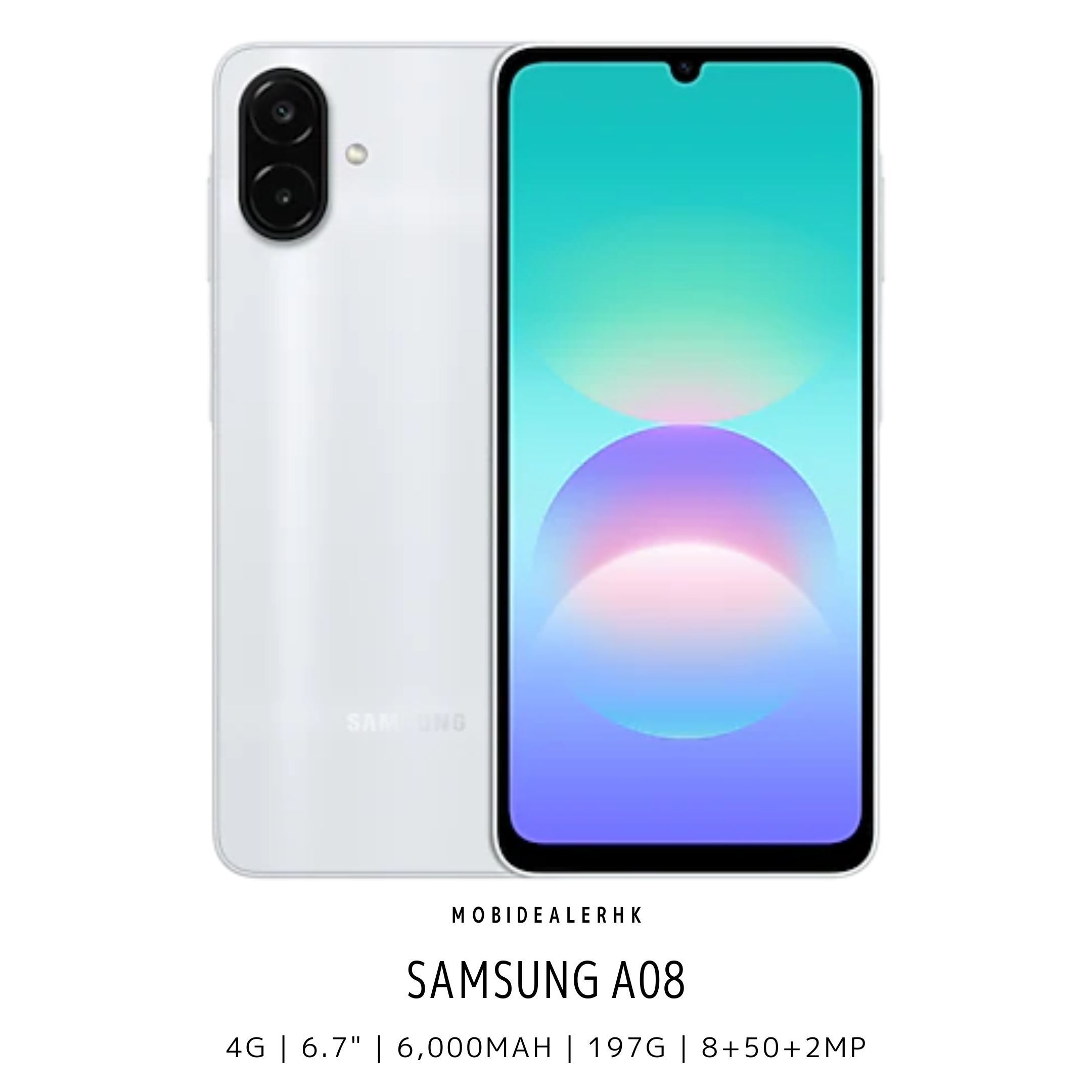 Samsung A08 | 三星 A08 | 4G | 智能手機 | 6.7 吋開闊大螢幕 | 6000mAh 超大電量續航 | 5000 萬像素主鏡頭 | 獨立三卡槽支援 2TB 擴充 | 8.0mm 纖薄手感