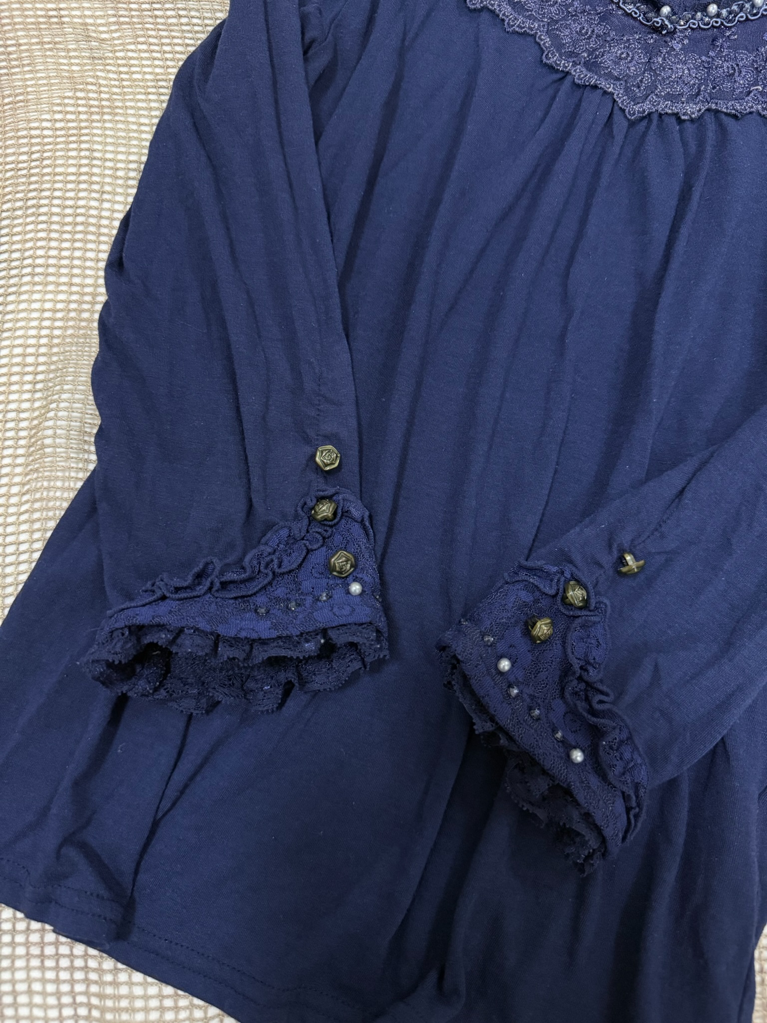 Dark Navy Lace-Trim Scoop Neck Top with Pearl Accents