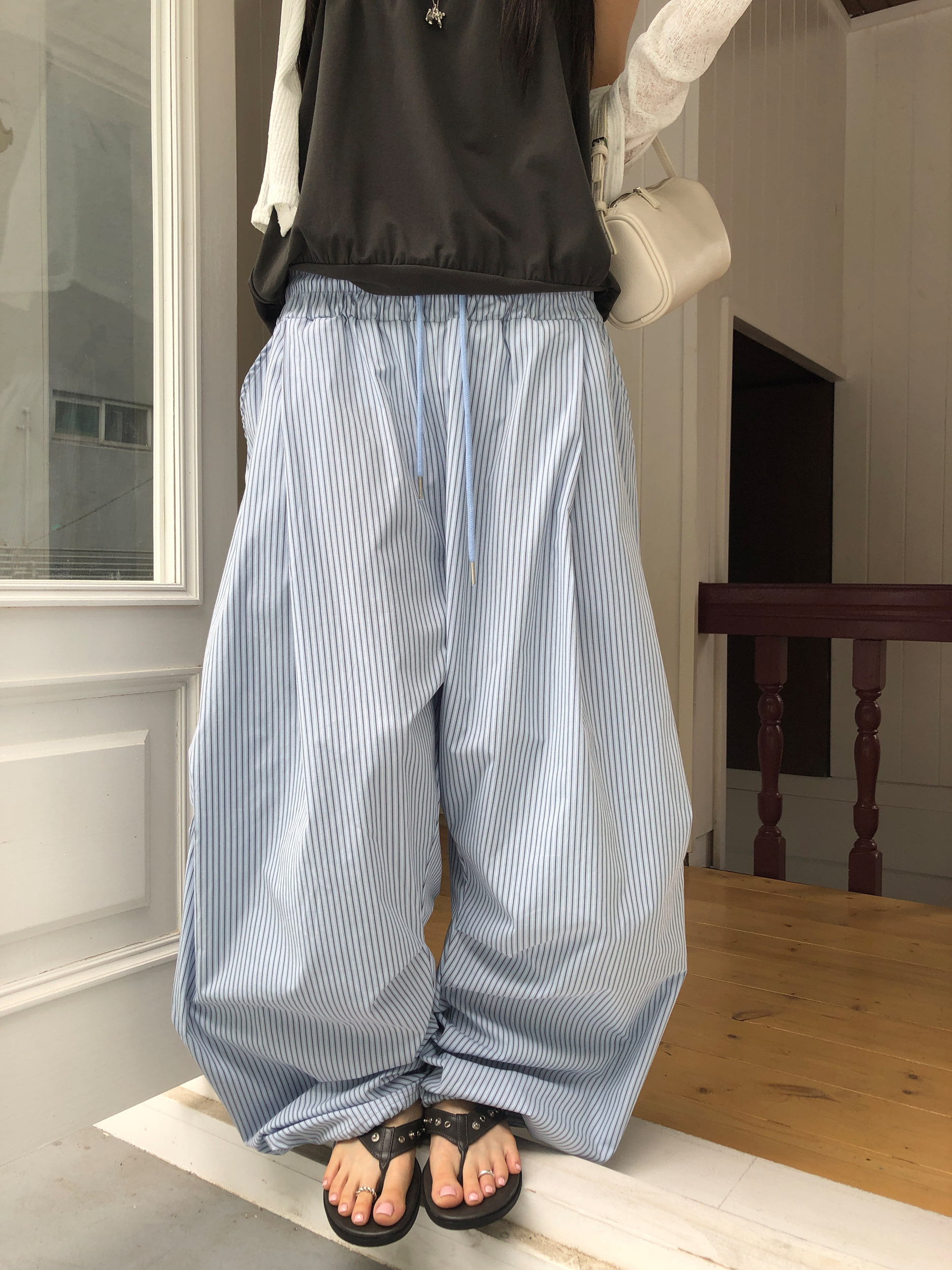 Pinstripe Pintuck Wide-Leg Pants