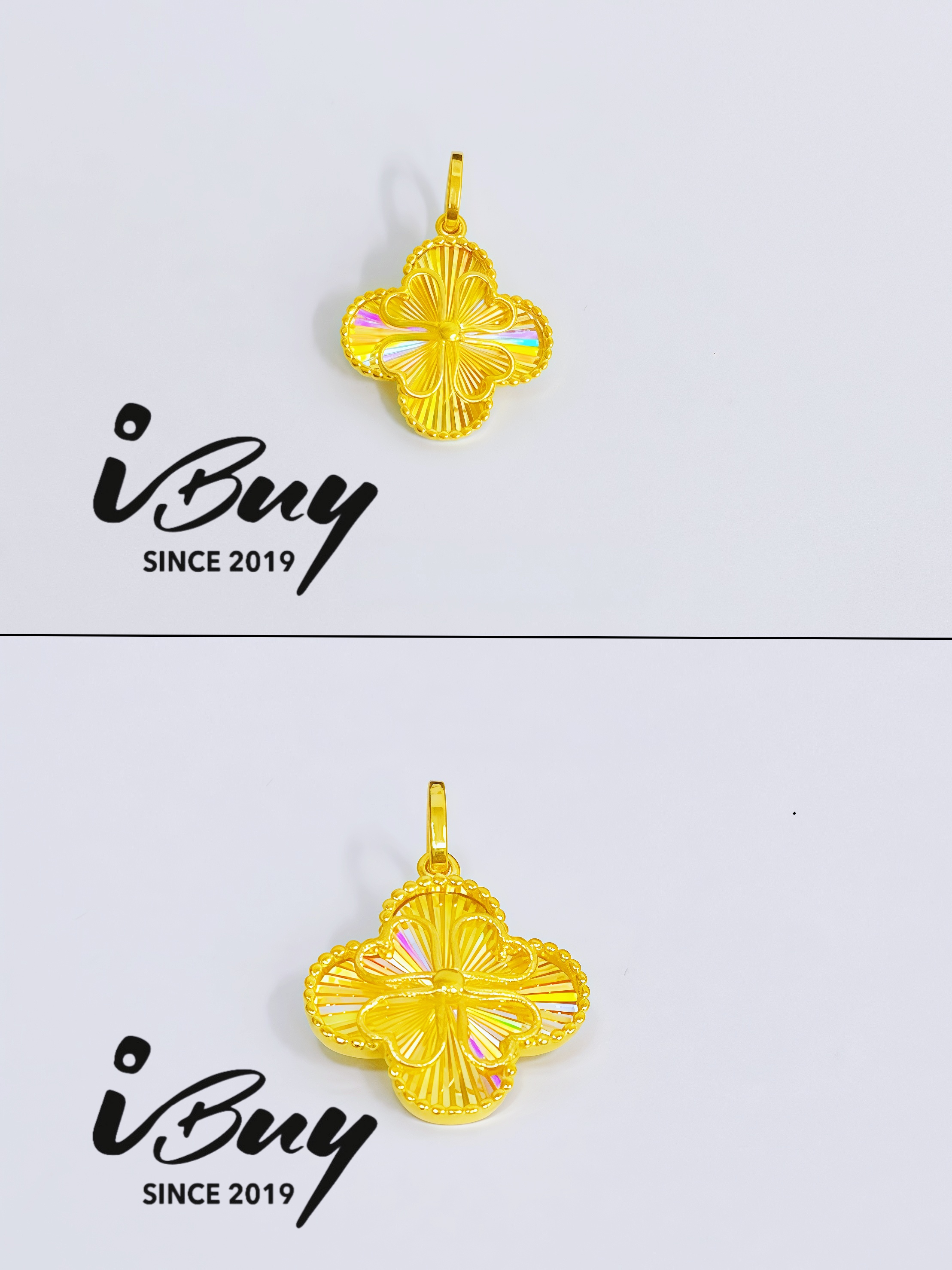 916 GOLD NORTHERN LIGHT CLOVER PENDANT 916 金 极光镭射双层四叶草吊坠