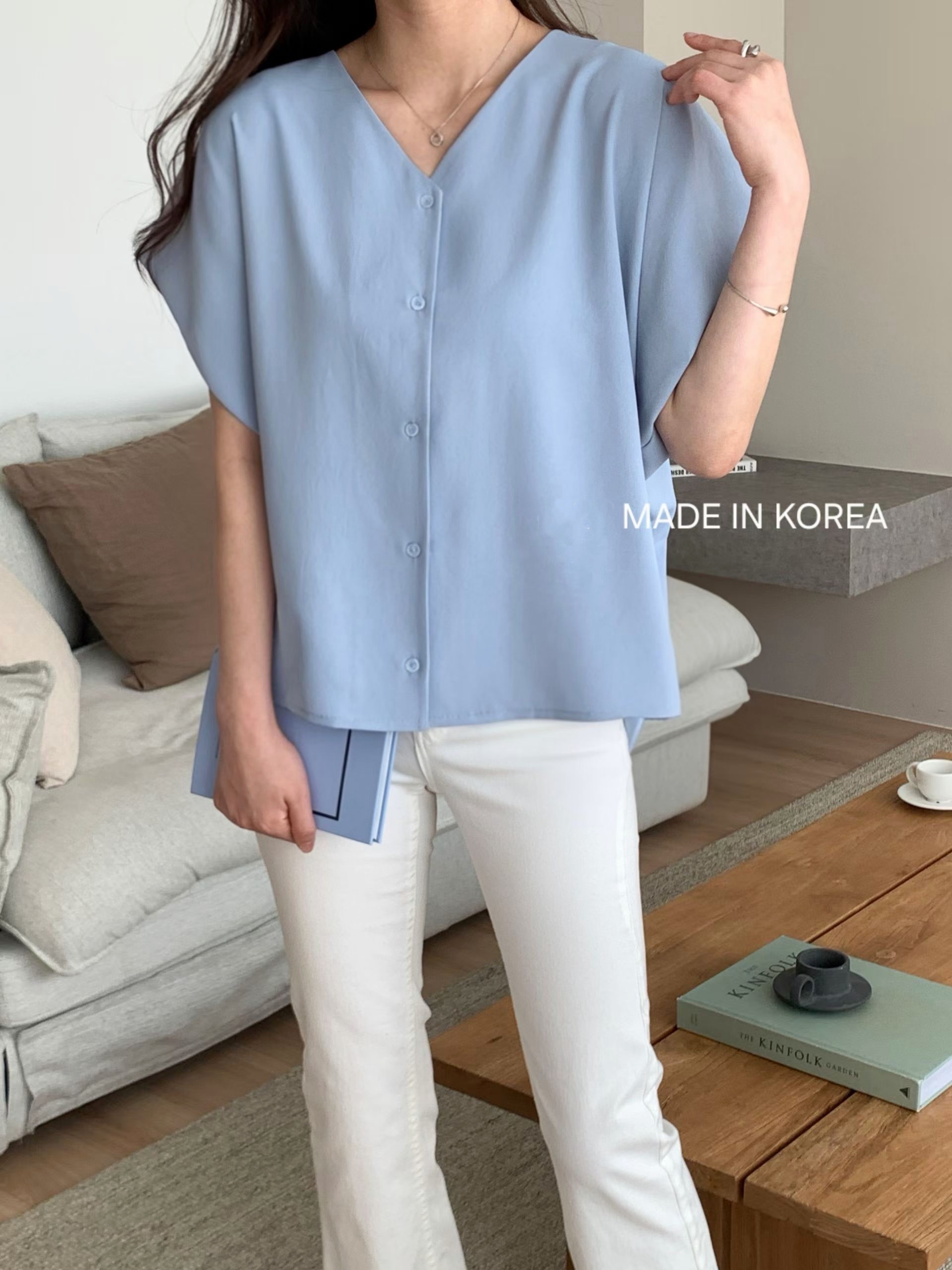 G6281 韓國🇰🇷V領淨色鬆身恤