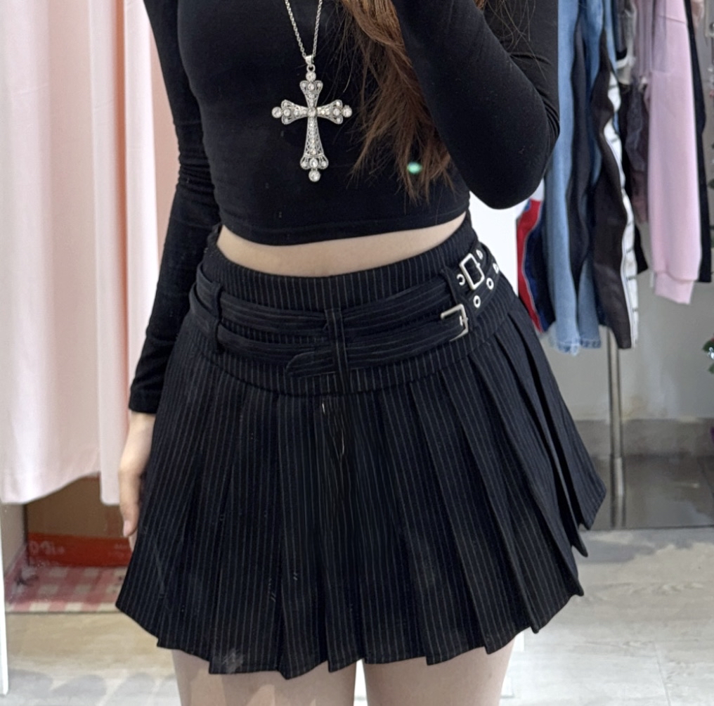 韓國直條間雙扣皮帶百褶裙