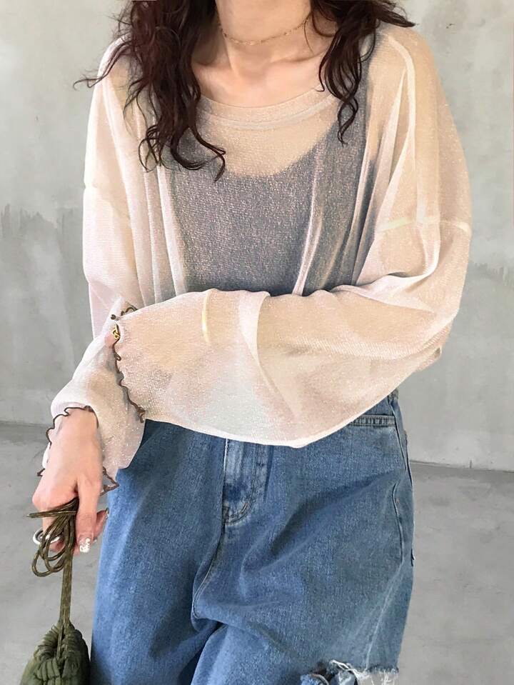 （多色）閃亮透視長袖上衣