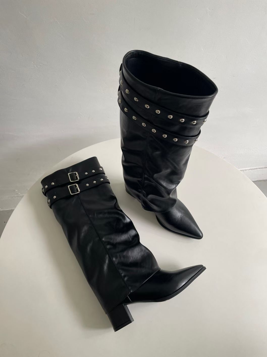 Pointed Studded Buckle Tall Boots