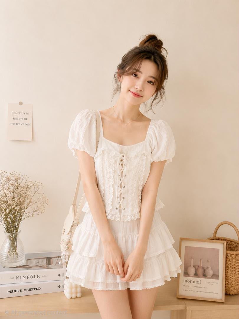 A012302 Korean Sweet Puff Sleeve Crop Top
