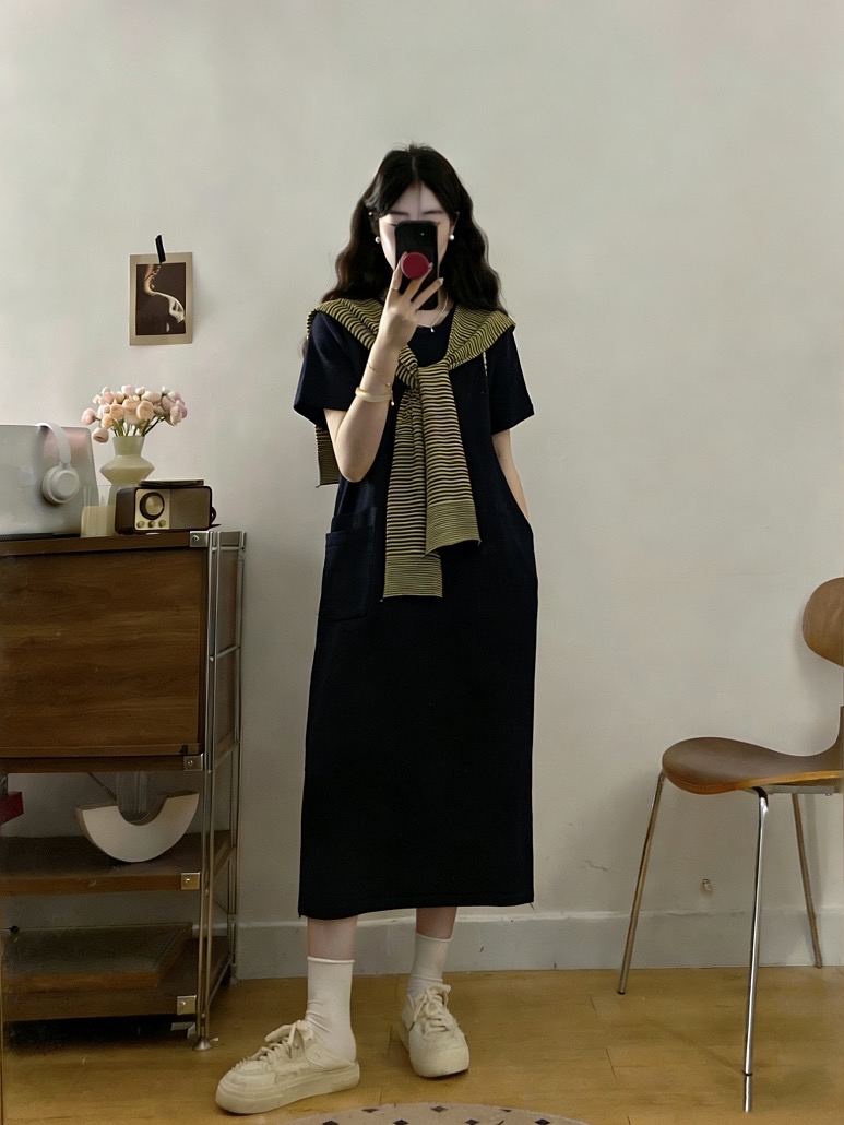 B219(6708) 韩版气质拼接蓝黄横纹披肩蓝针织连身裙