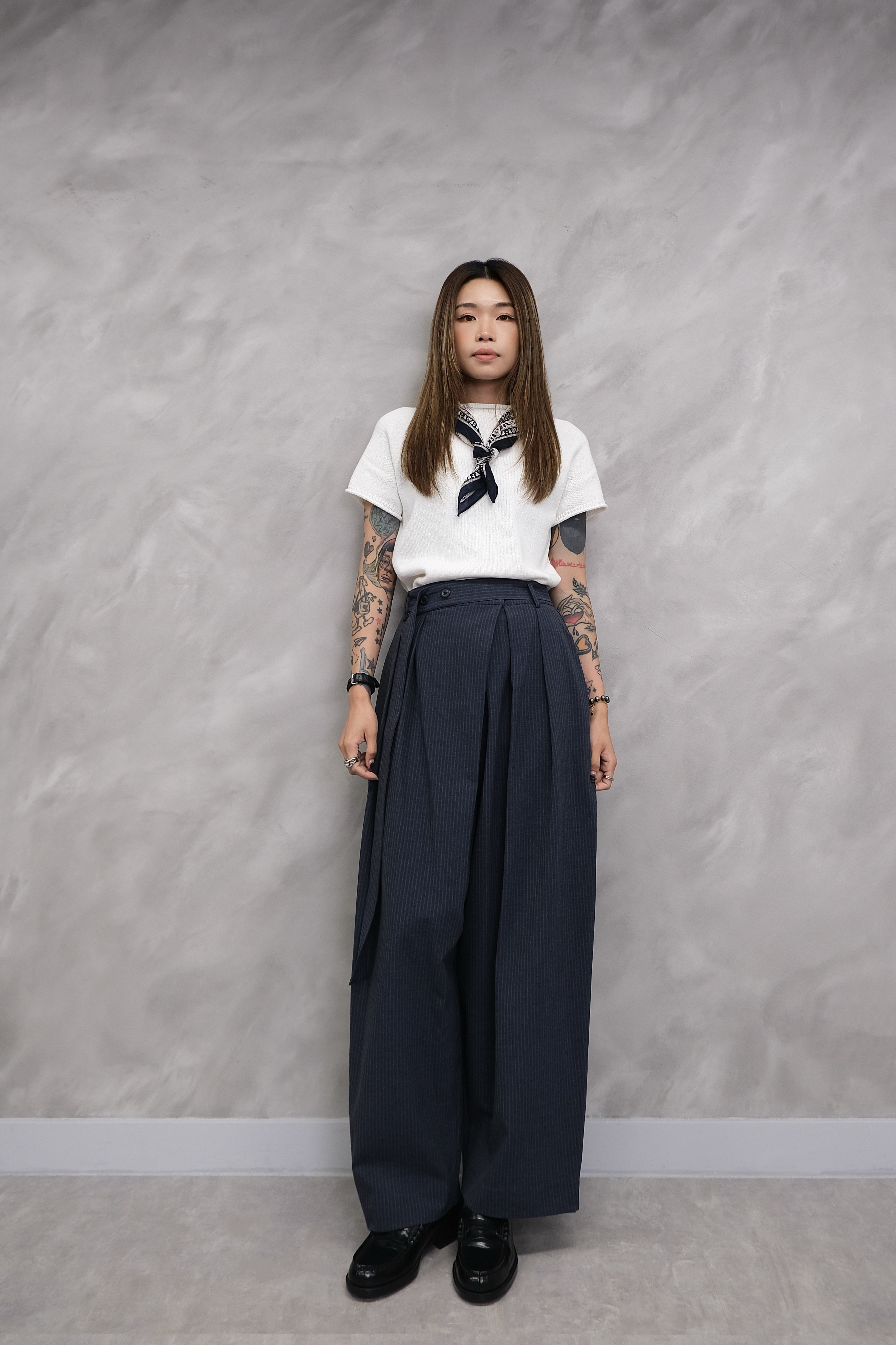Pinstripe Volume Cross-Waist Trousers #pt82