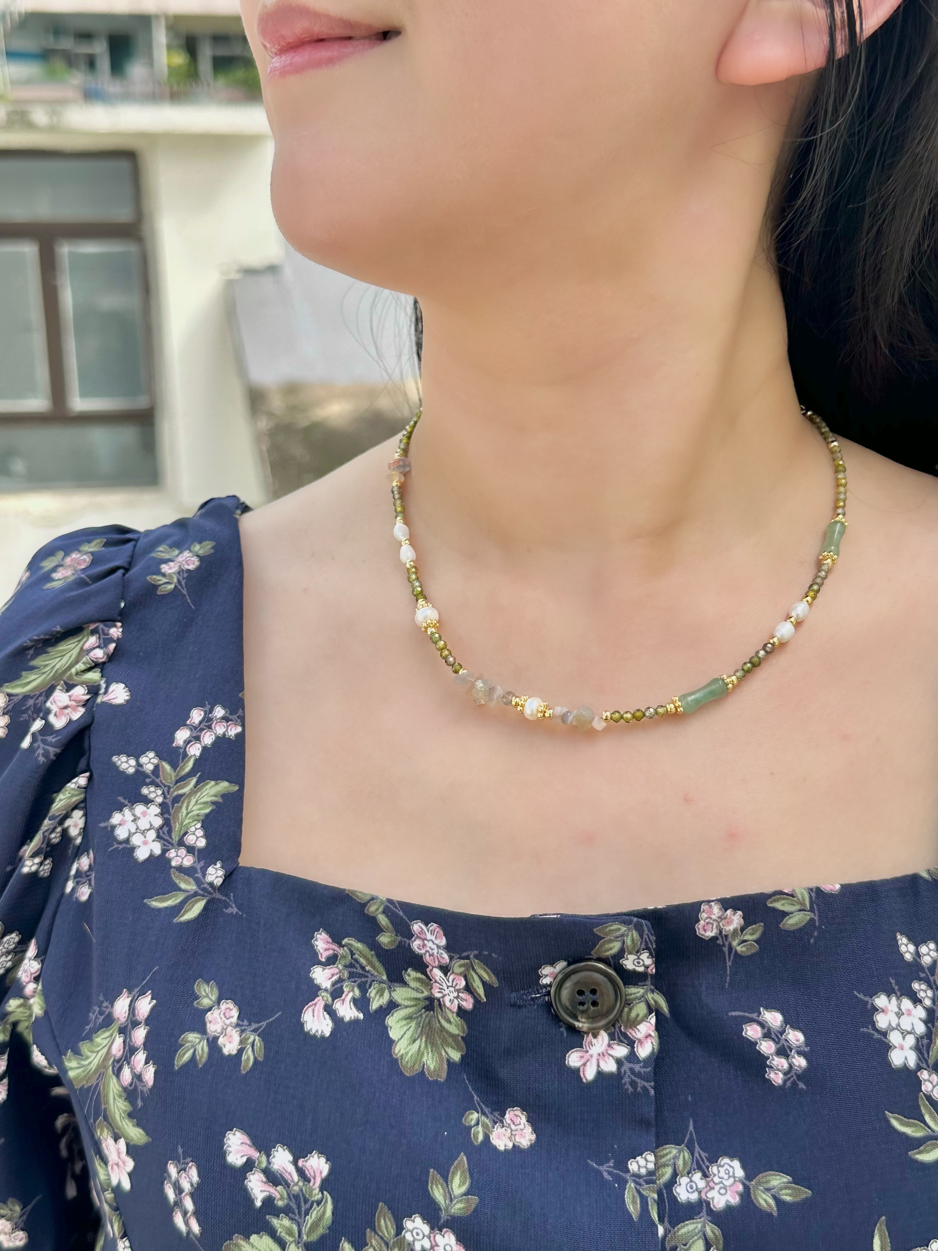 Green stone stainless necklace