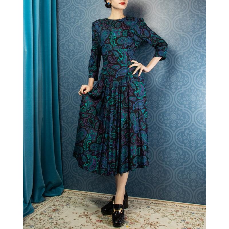 C.a. 1980s Made in America Paisley Pattern Dress (Mu102-27)