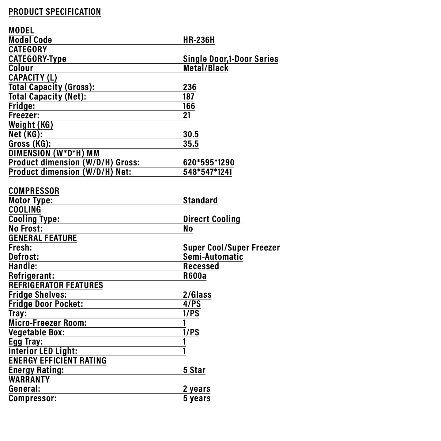 Haier 226L 1-Door Refrigerator (HR-236H)