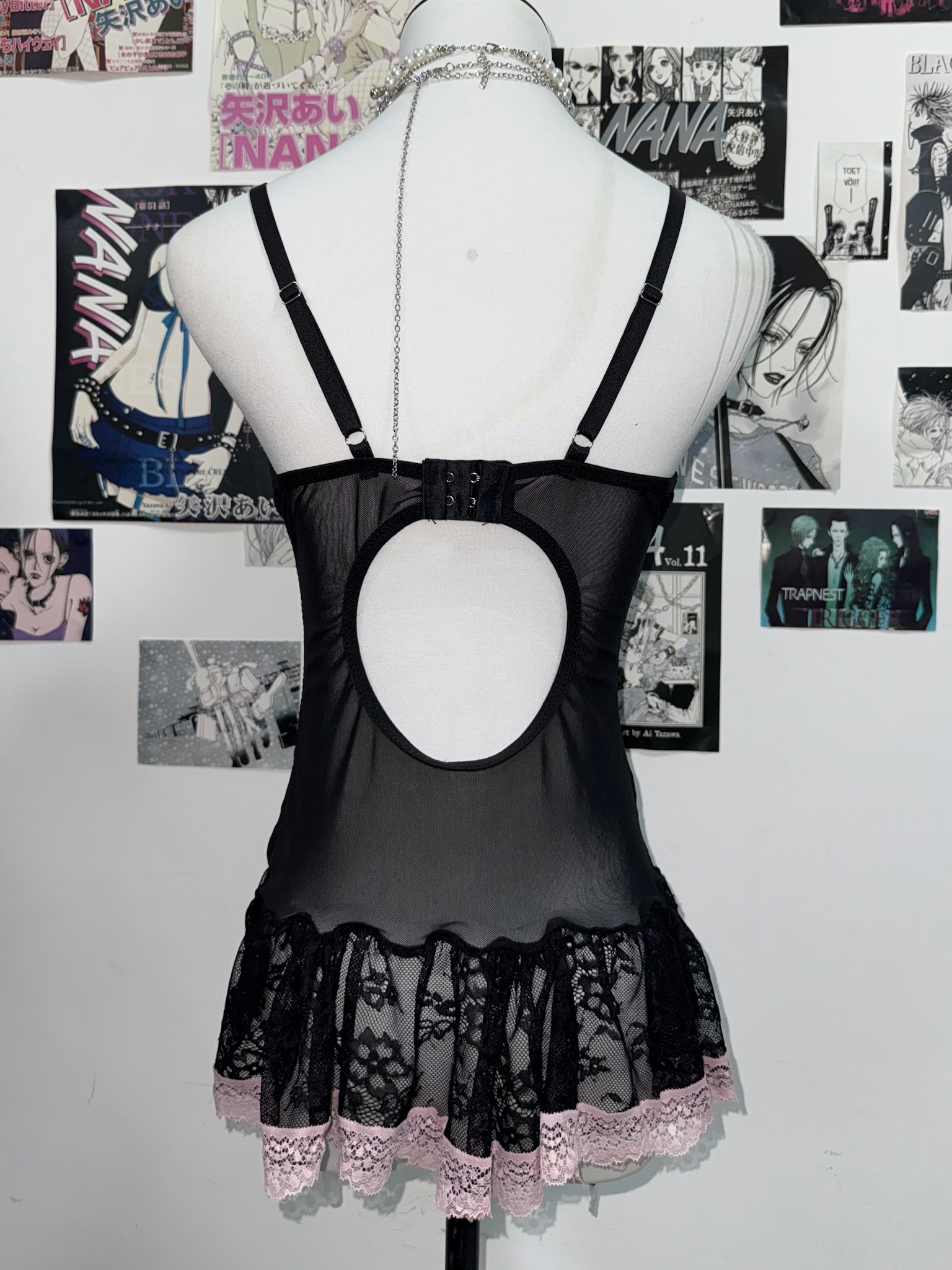 [On sale]Boudoir Ribbon Black Corset with Pink Lace Trim