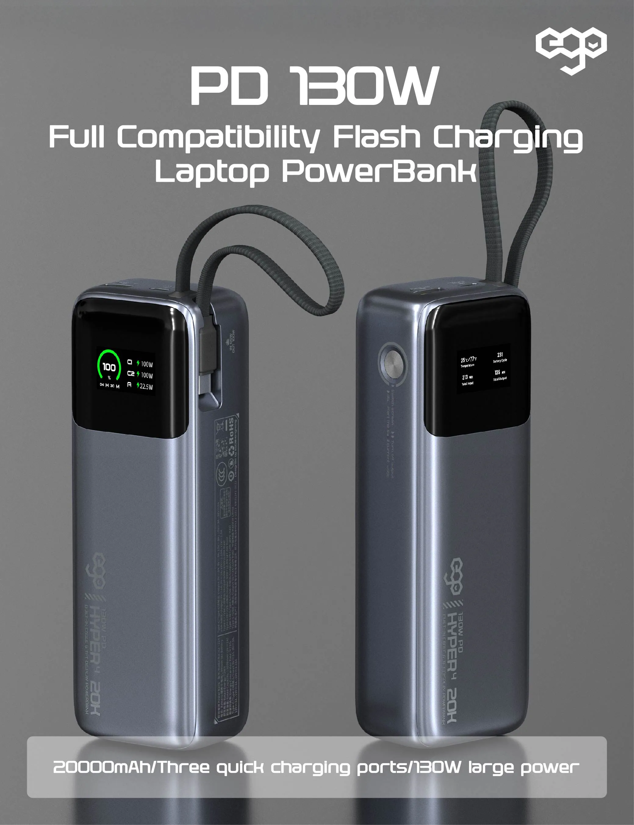 香港行貨 EGO Hyper4 20K@ 130W 內置線外置電  CCC QR code | 3C可追溯二維碼 | 20000mAh | 130W | 內置 Type C 線 | 流動充電池 | 尿袋 | 充電器 | 支援PD3.0 快充