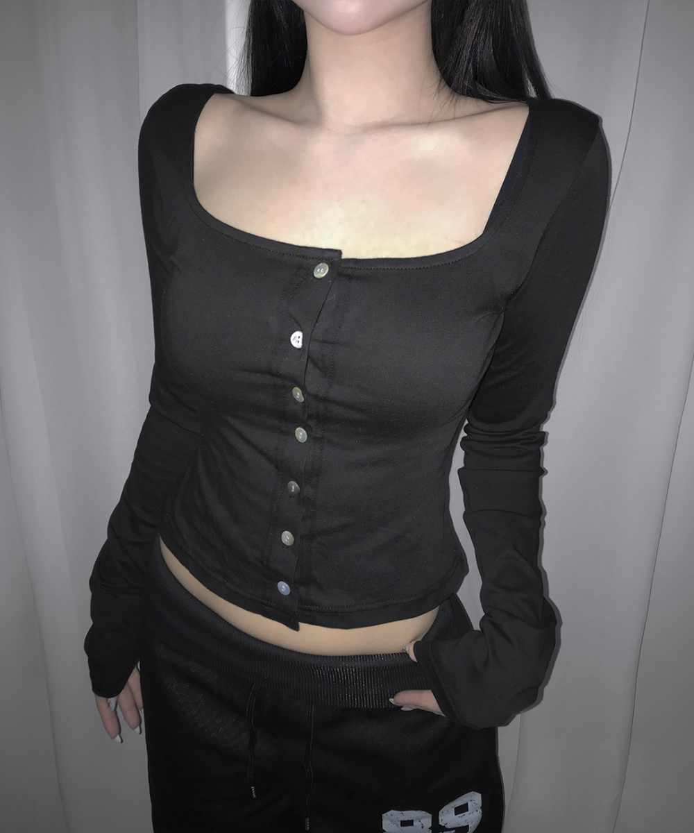 Square Neck Button-Up Long Sleeve Top