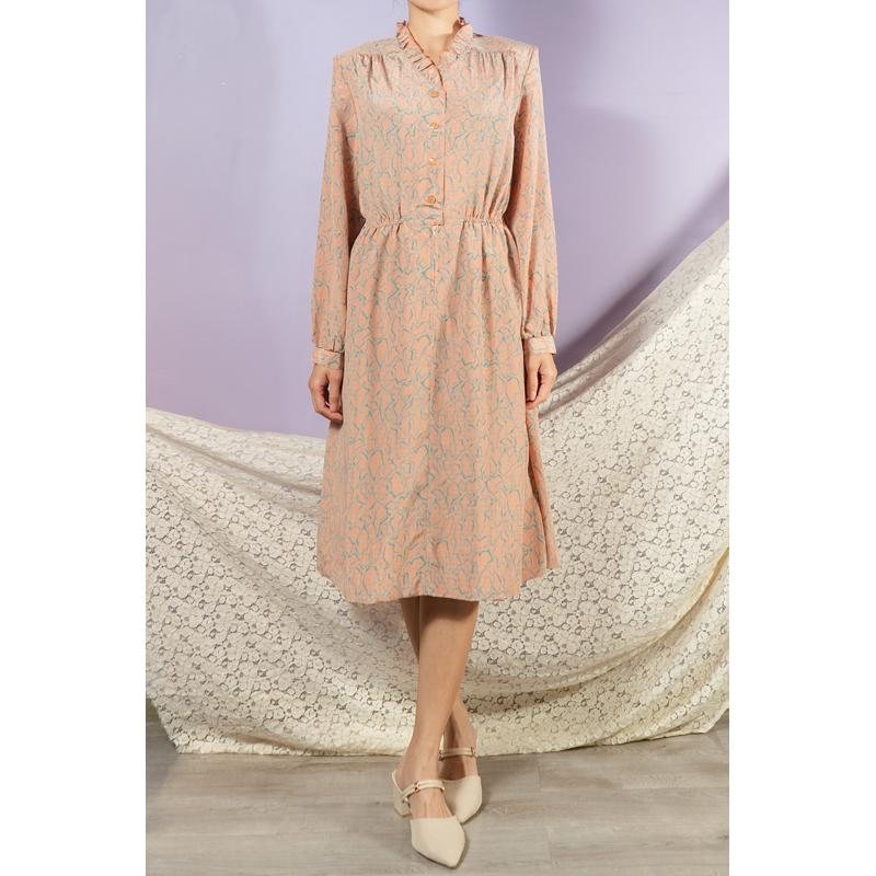 Vintage Japanese Irregular Pattern Ruffle Collar Nude Colour Day Dress / Long Sleeve Vintage Dress (MT1608-115)