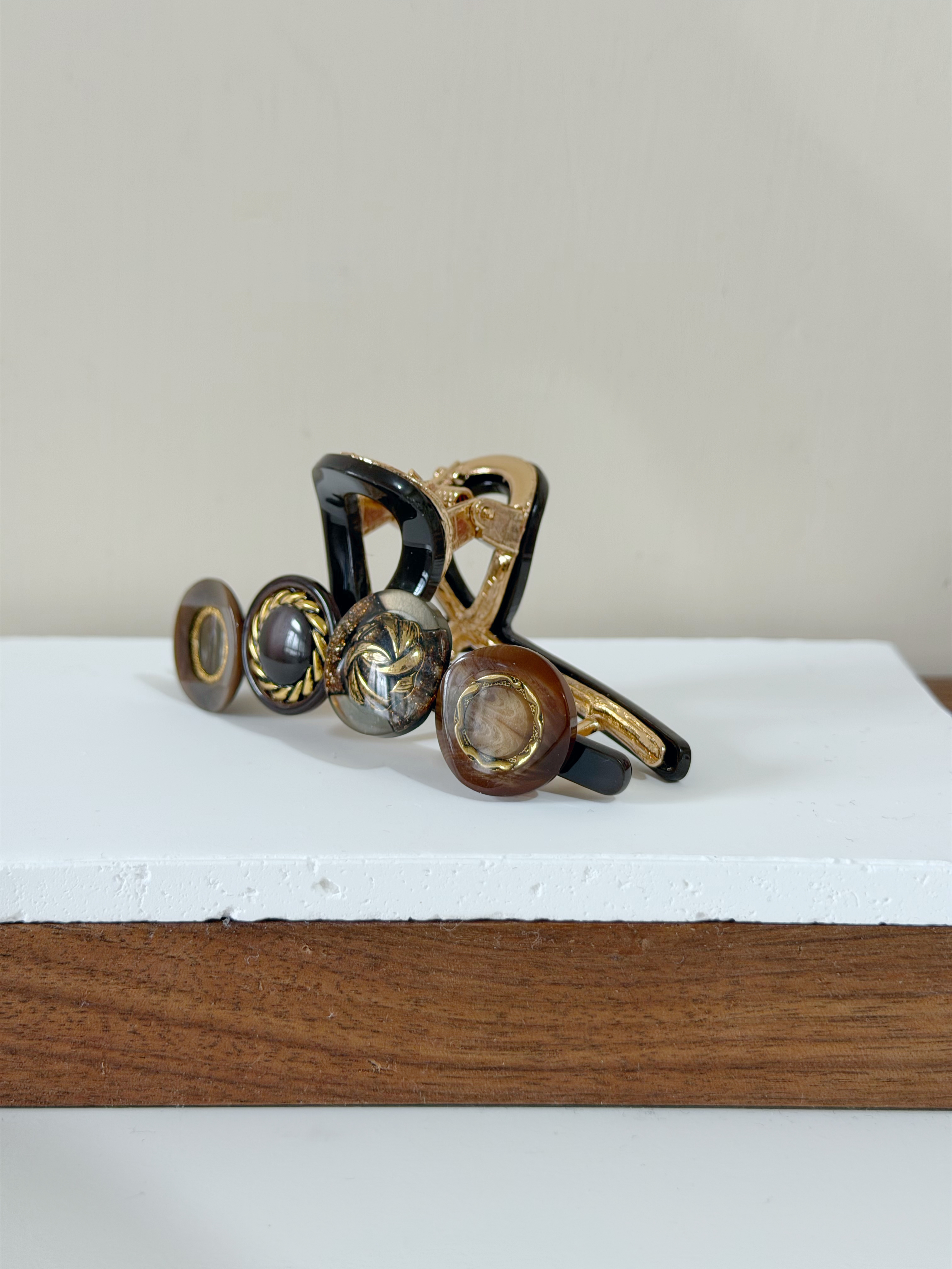 復古鈕扣髮夾/啡色系 8cm長