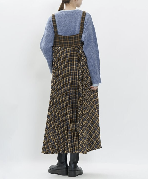 雙格紋交織百褶連身裙 - 2026 流行穿搭  女士連身裙 春秋冬時尚穿搭 成人休閒 日常穿搭 易於配搭 日本直送   #JP-I-260001