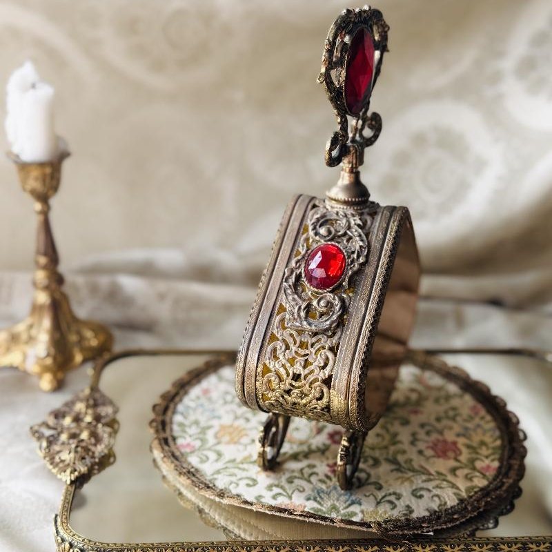 Rare! Early to Mid-Century Romantic Revival Ormolu & Amber Glass Large Perfume Bottle (MT2494)