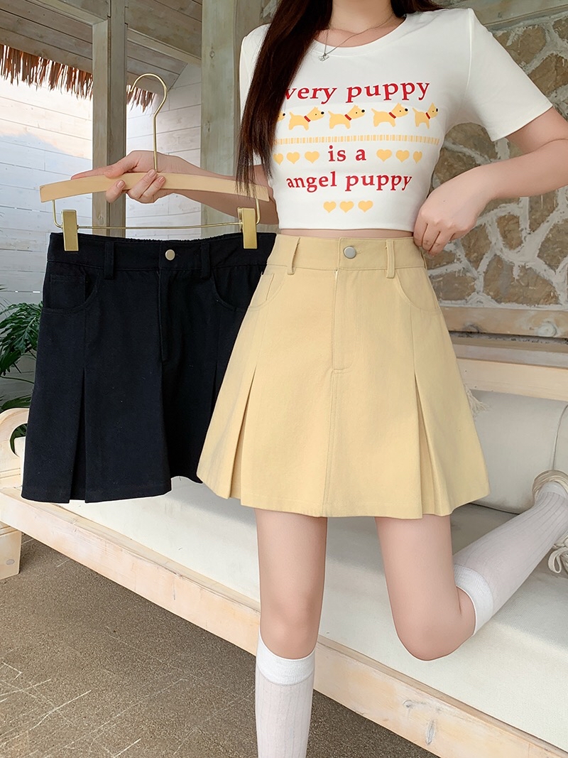 B108(21677) 韩版JEANS单银钮下摆双暗开角黑黄短裙 