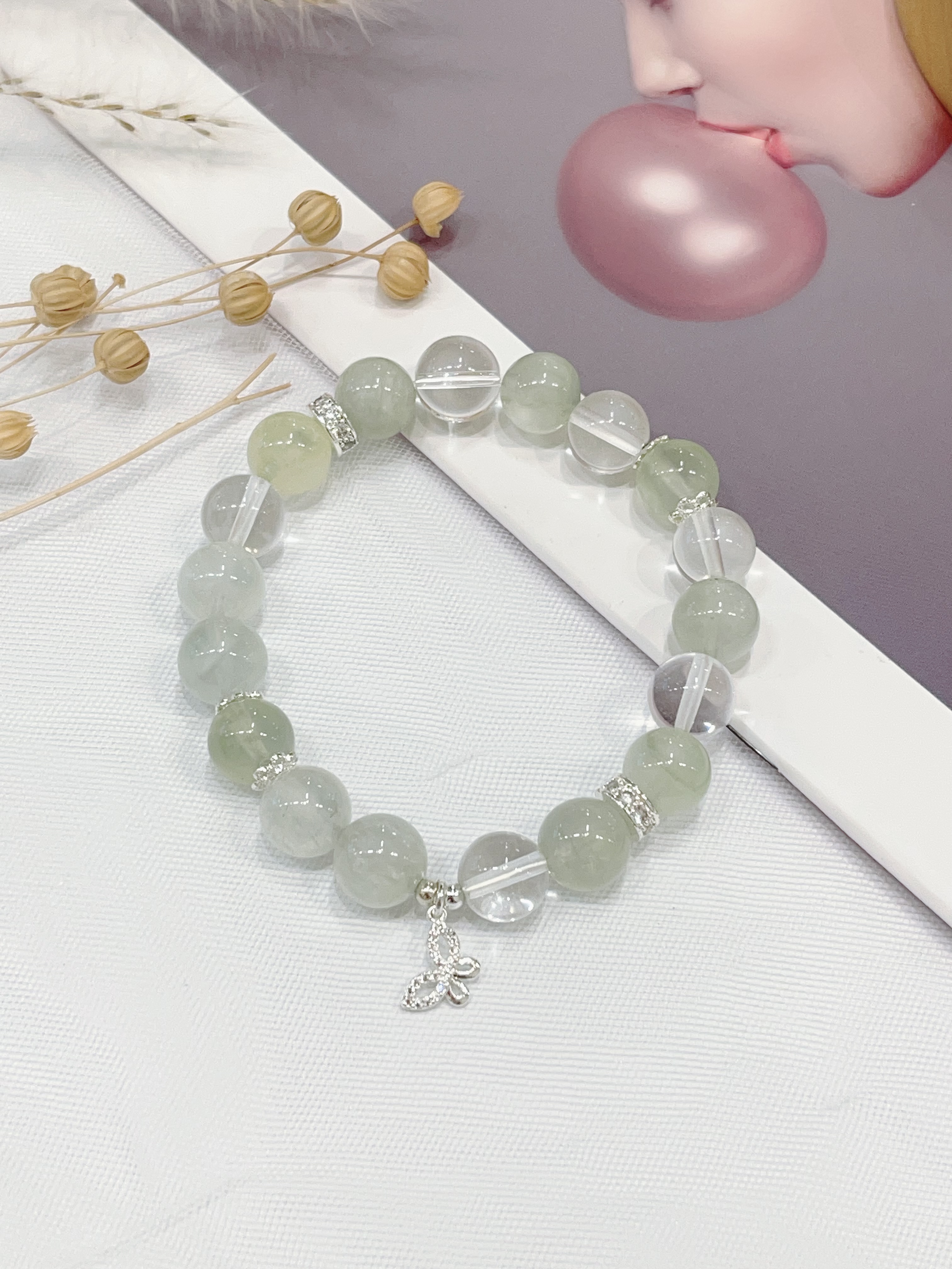 🍃 葡萄石 × 白水晶手串 Prehnite & Clear Quartz | 10mm