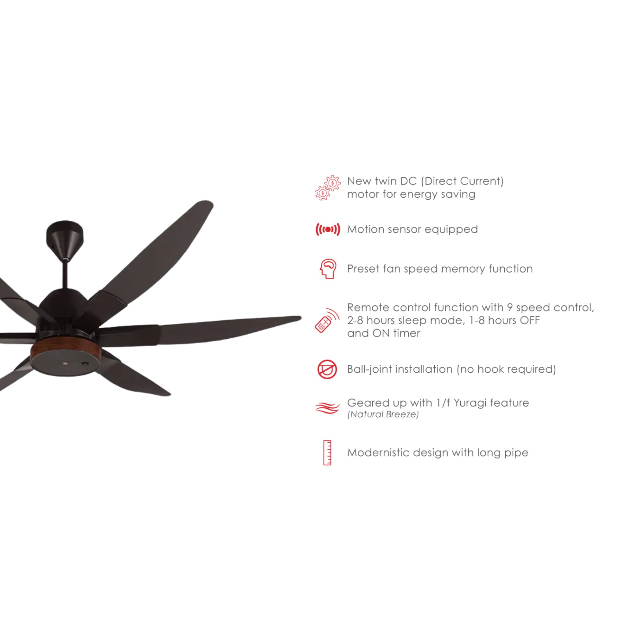 KDK 70" Ceiling Fan 6-Blade DC Motor Long Rod (K18NY-SBR)