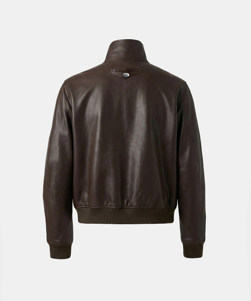Leather High-Neck Jacket - Brown