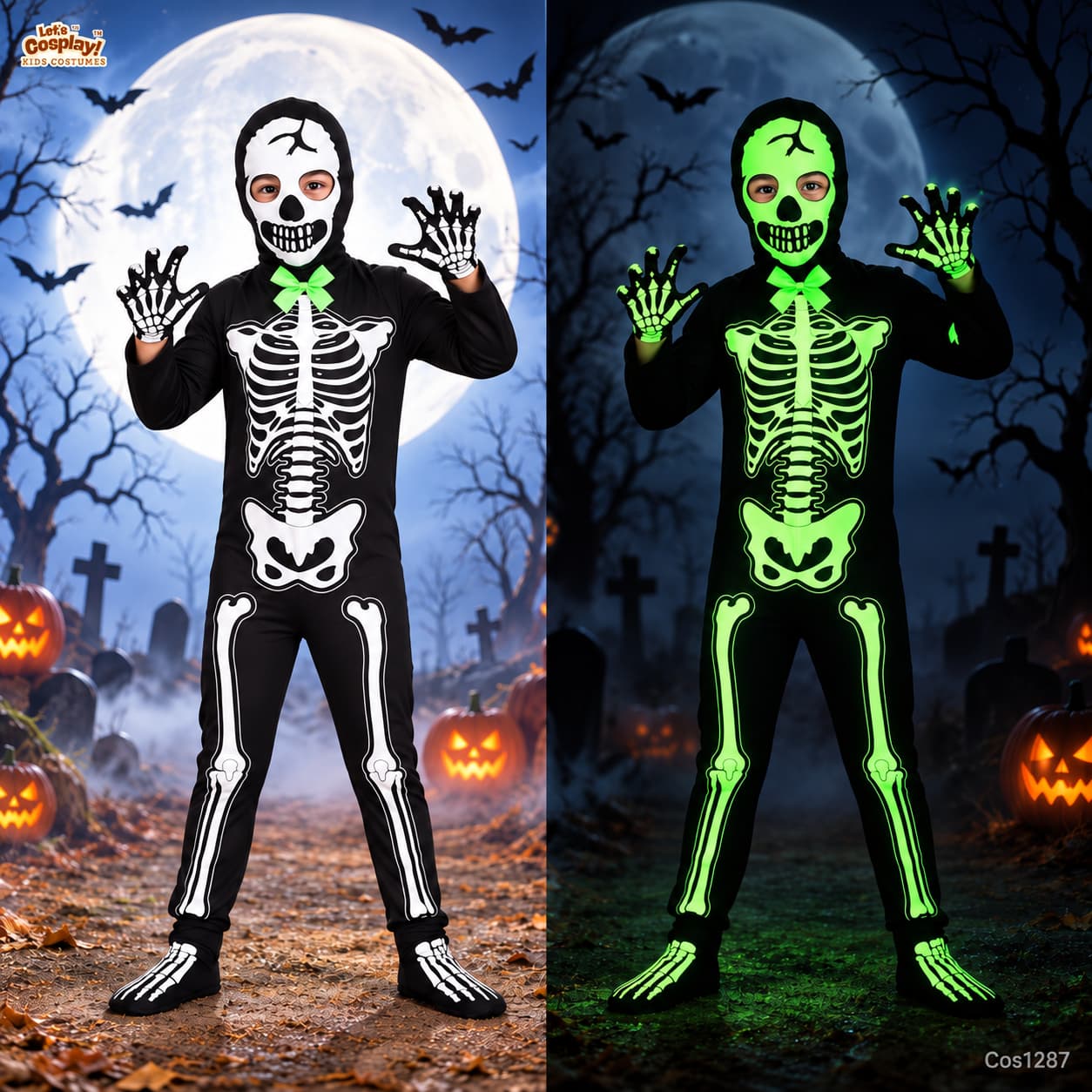 兒童夜光骷髏骨架萬聖節服裝 Glow Skeleton Costume Lets Cosplay COS1287