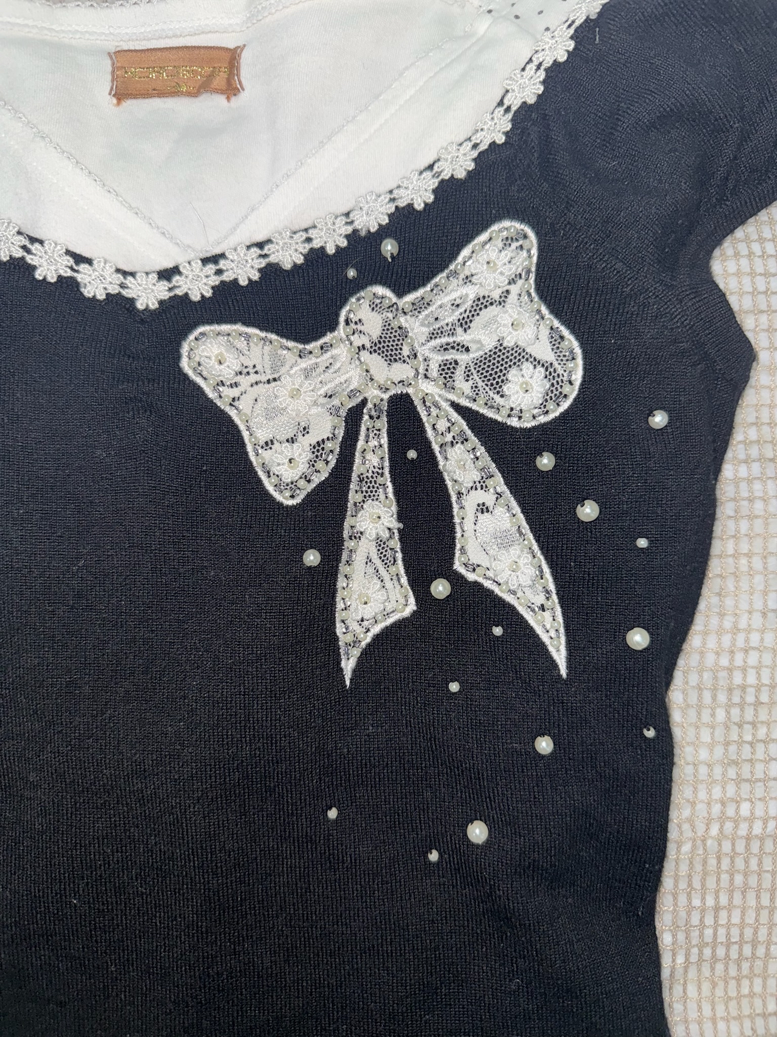 Balletcore Lace Pearl Accent Bow Knit Top