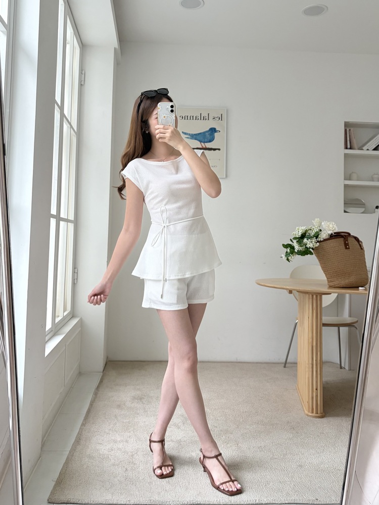 Elysian Boat Neck Belted Set (White)
