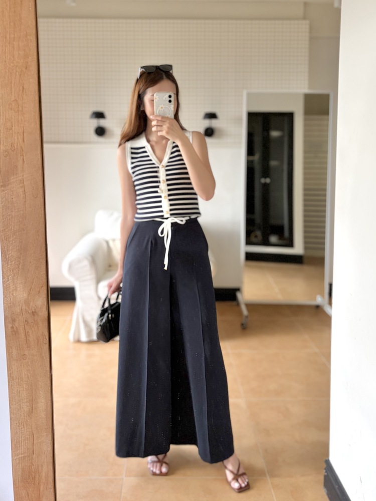 [超涼!!] Contrast Belt Wide Leg Slacks (Navy)