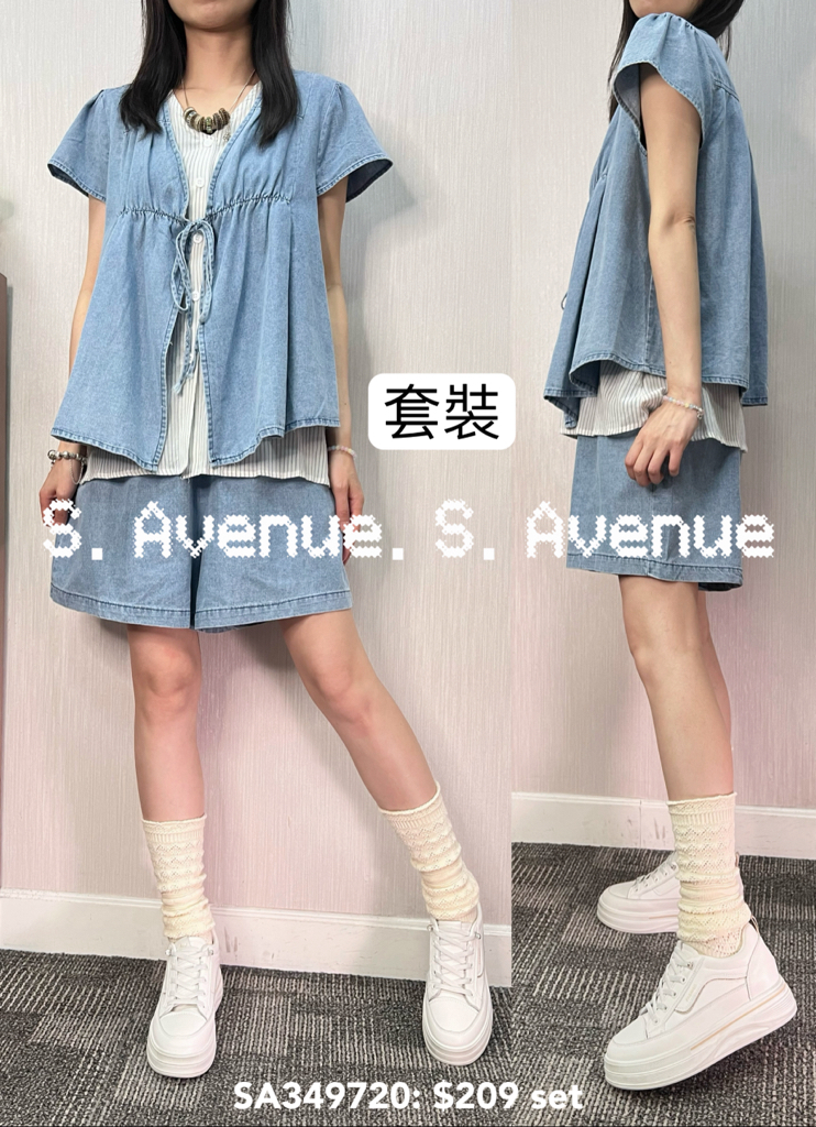 SA349720: 短袖牛仔綁帶假兩件配短褲套裝