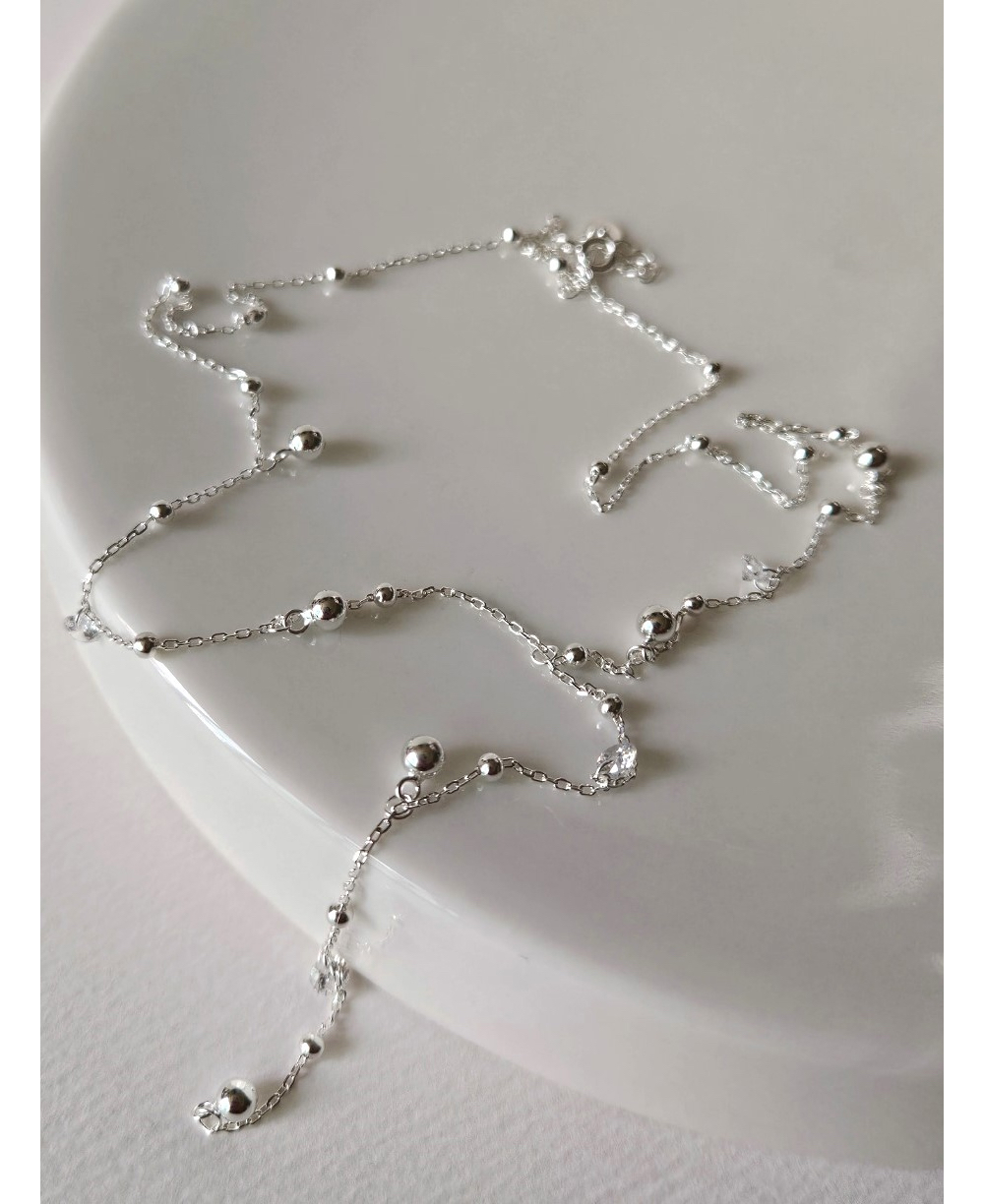 925 Y Drop Silver Ball Cubic Dangle Long Necklace 
