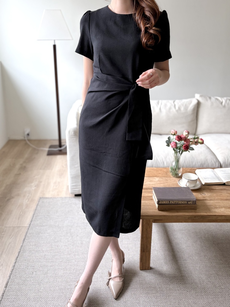 Elise Draped Slit Dress (Black)