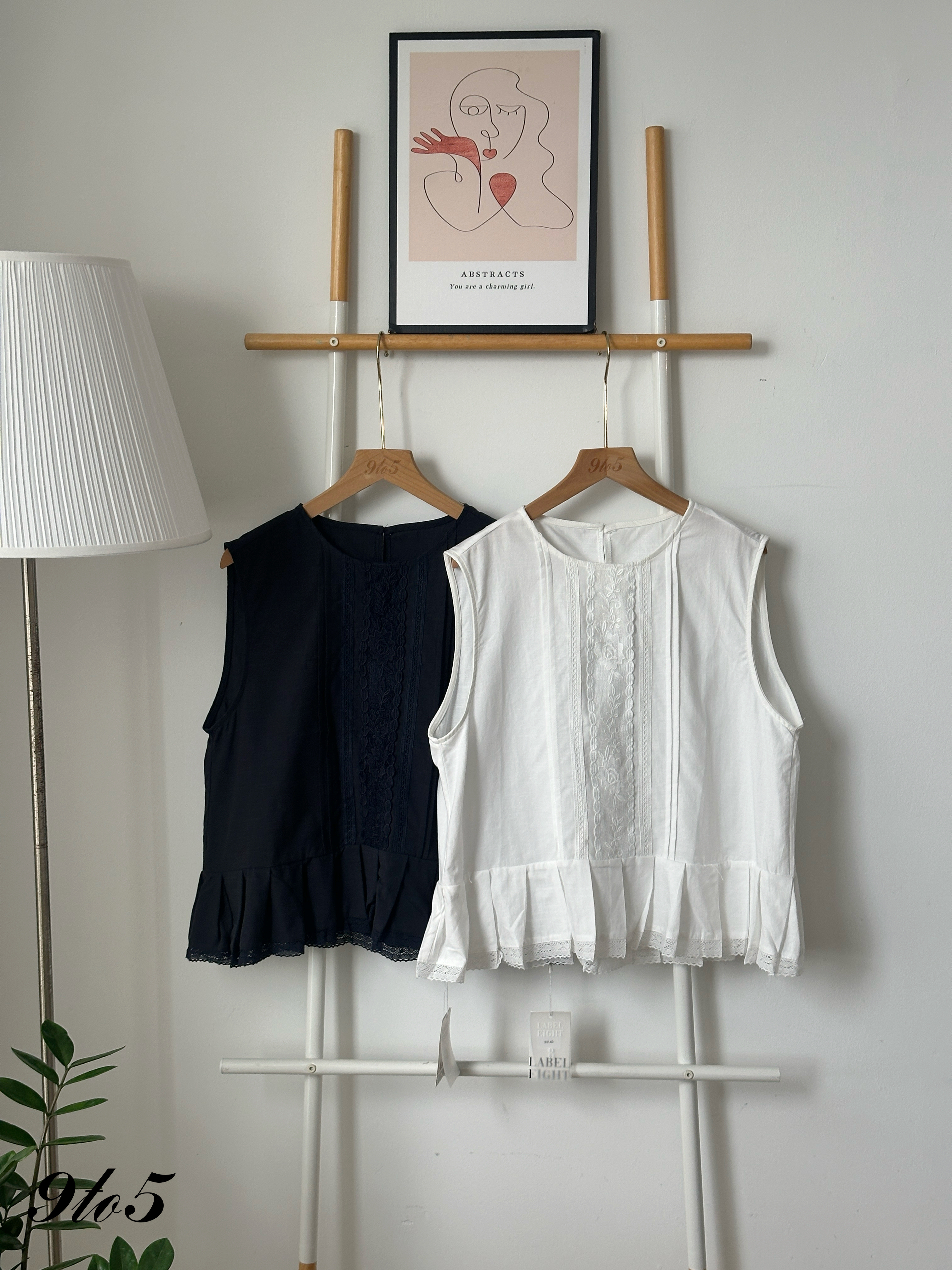 T4209 Sleeveless Top Lace Trim - Blue & White