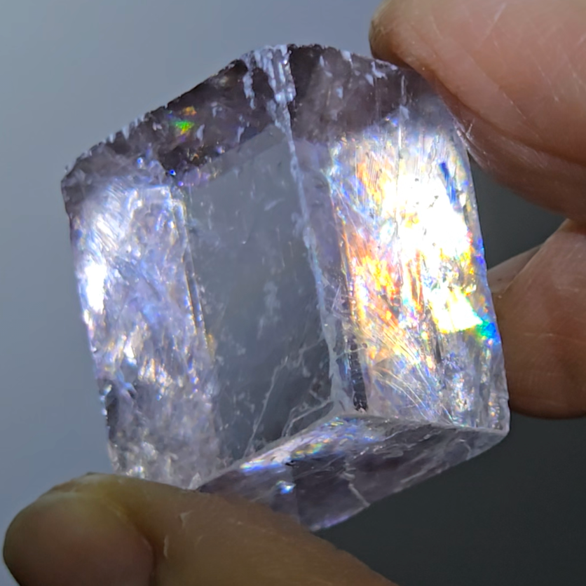 Purple calcite cube with rainbows - PC14