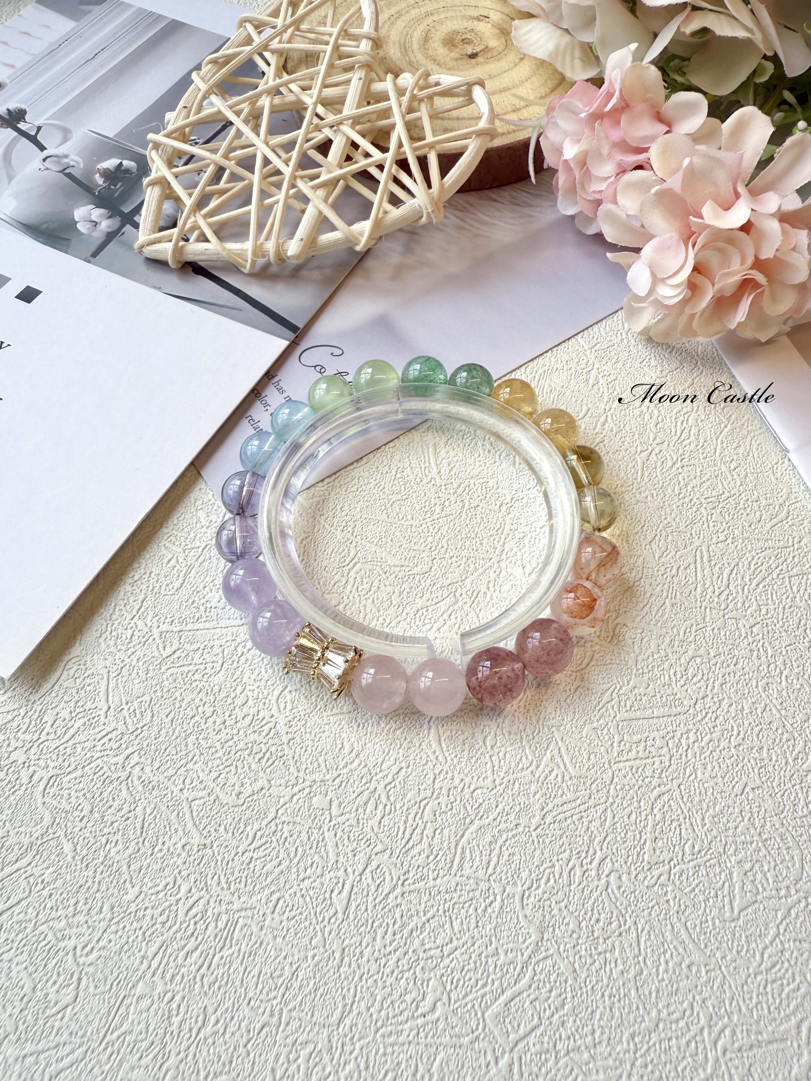 粉晶x草莓晶x紅膠花x黃水晶x綠草莓晶x葡萄石x海藍寶x巴西紫水晶x薰衣草紫晶手鏈