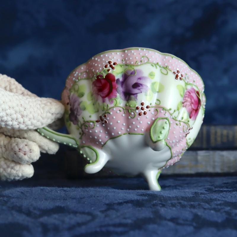RARE! Antique Pre-Nippon Era Hand-painted floral &Relief Dot Pattern Three-legged Tea Set Duo - Eggshell porcelain(MT1569)