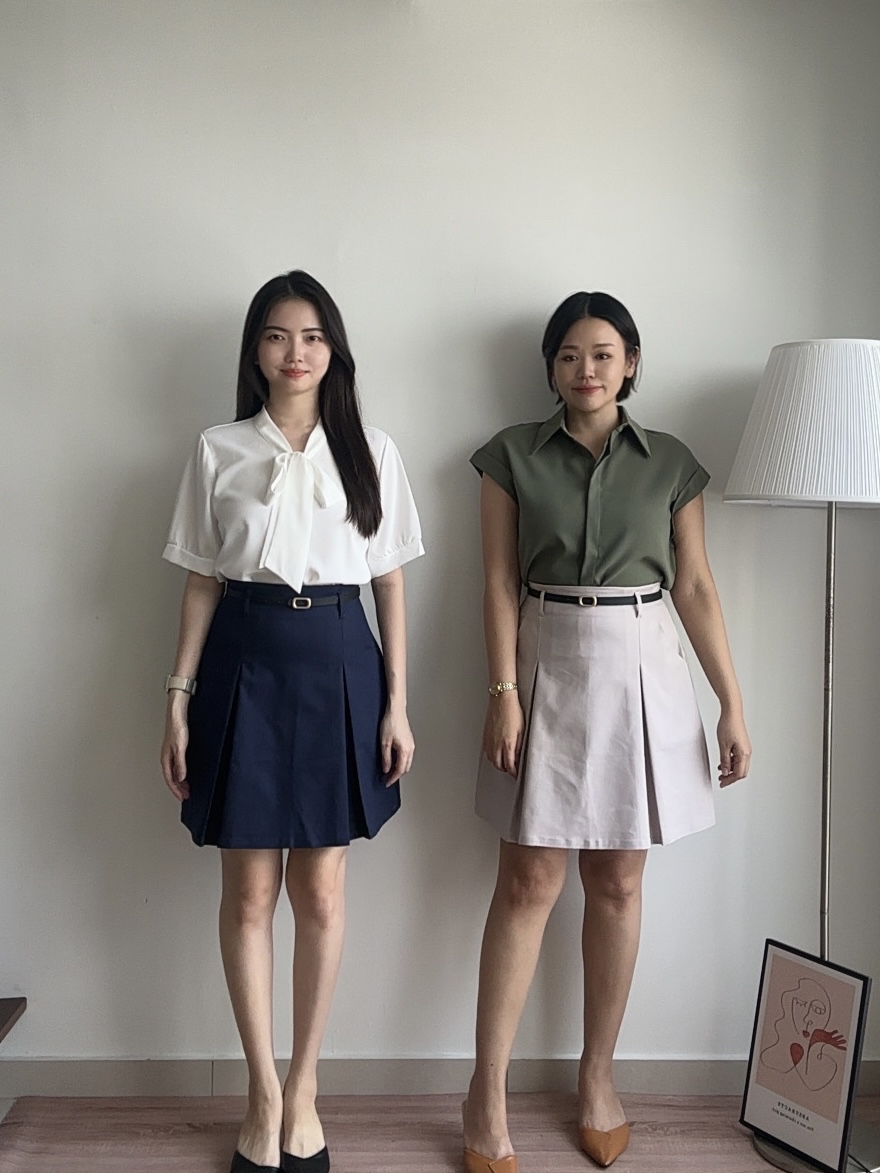 S1991 Hikari Midi Pleated Skirt - Beige Grey & Blue