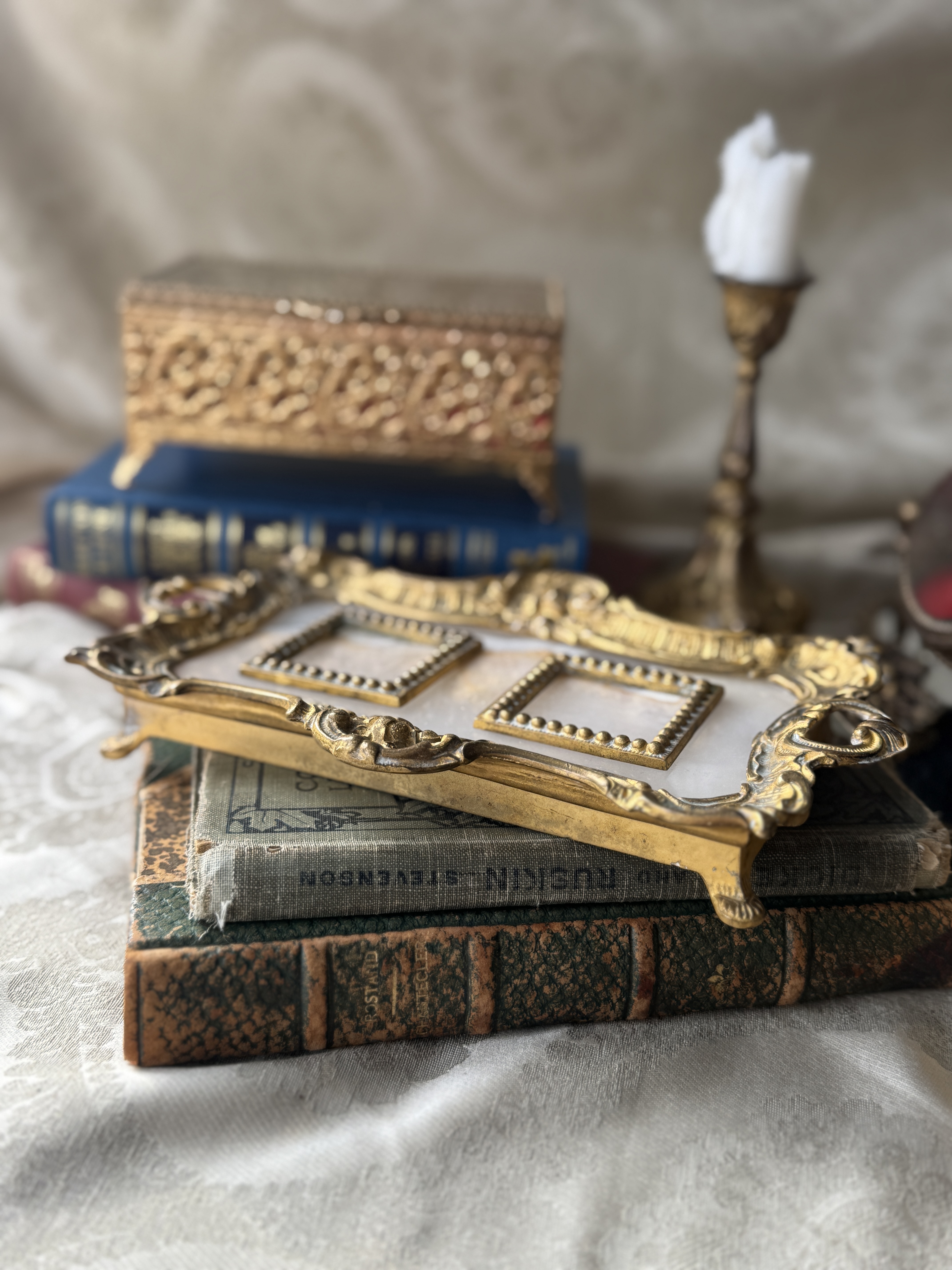 Antique European Late 1800-Early 1900s Alabaster Ornate Tray (MT2488)