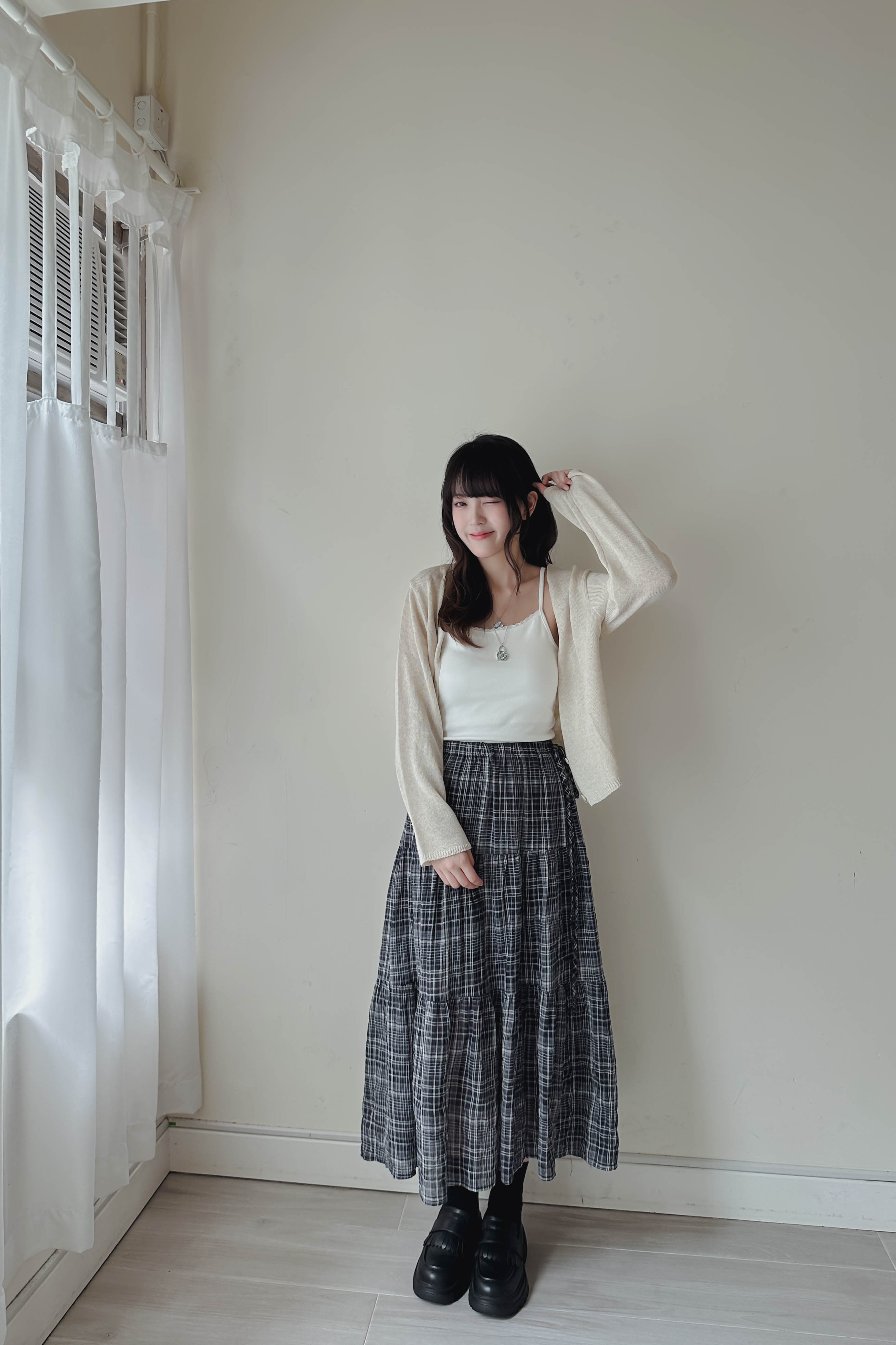 格紋細褶側綁蛋糕裙 (兩色入)