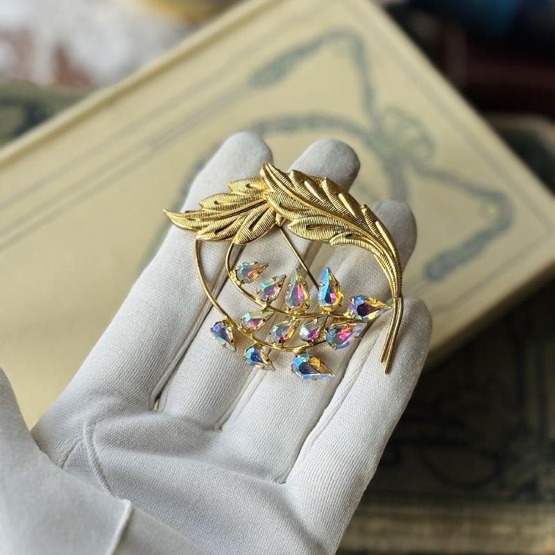 Vintage C.a. 1950-60s Aurora Borealis Elegant Foliage Statement Brooch(NZ064)
