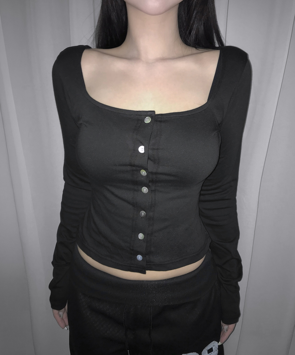 Square Neck Button-Up Long Sleeve Top