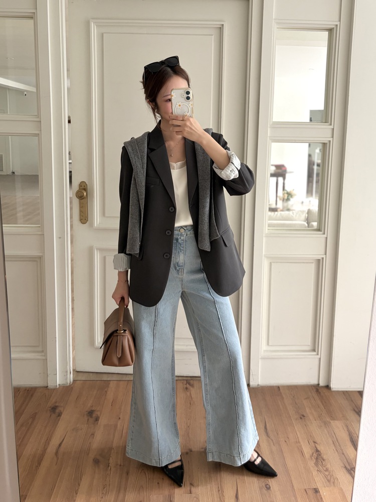 Margot Blazer with Striped Cuffs (Charcoal)