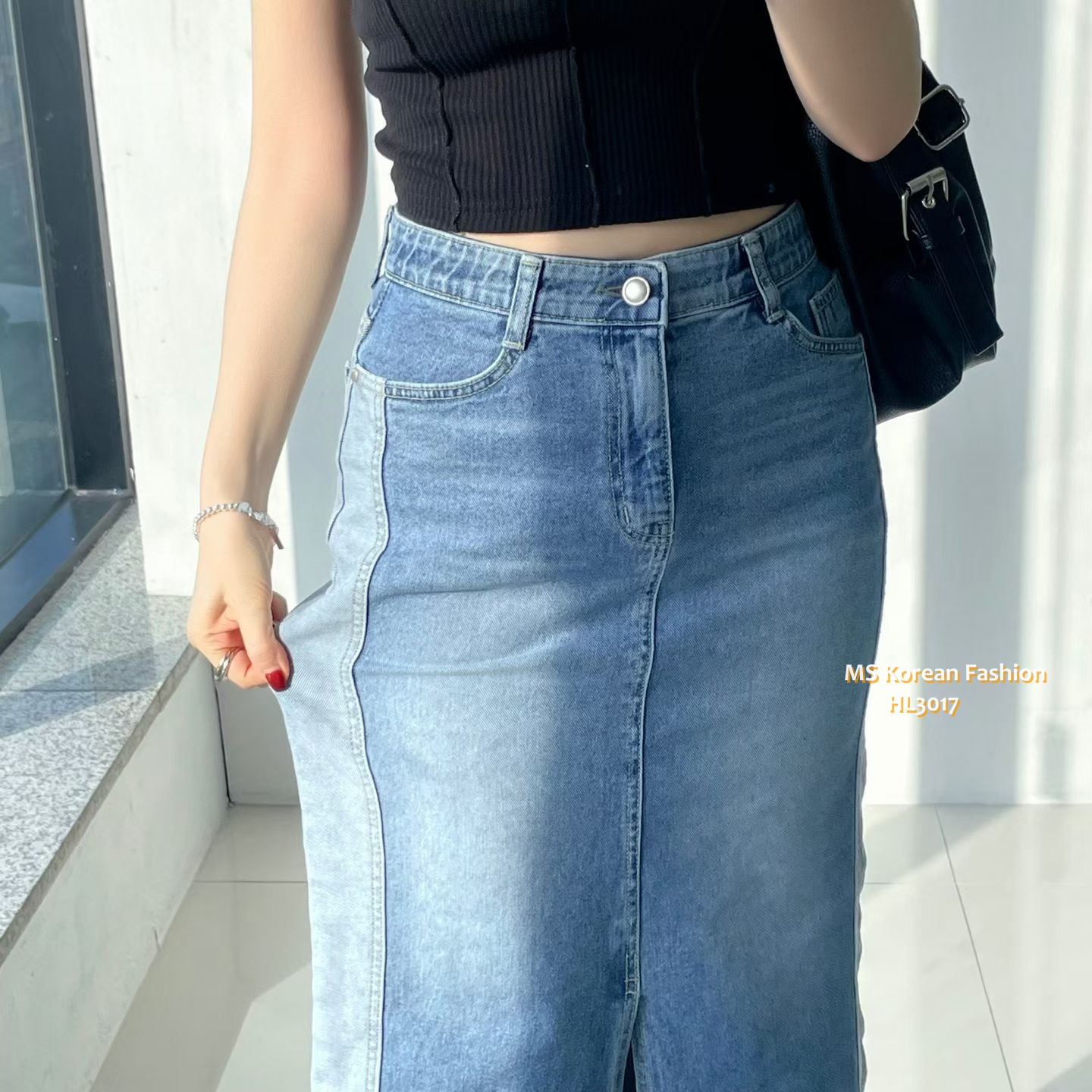 HL3017 韓國🌼Howluk前開叉拼色中長牛裙