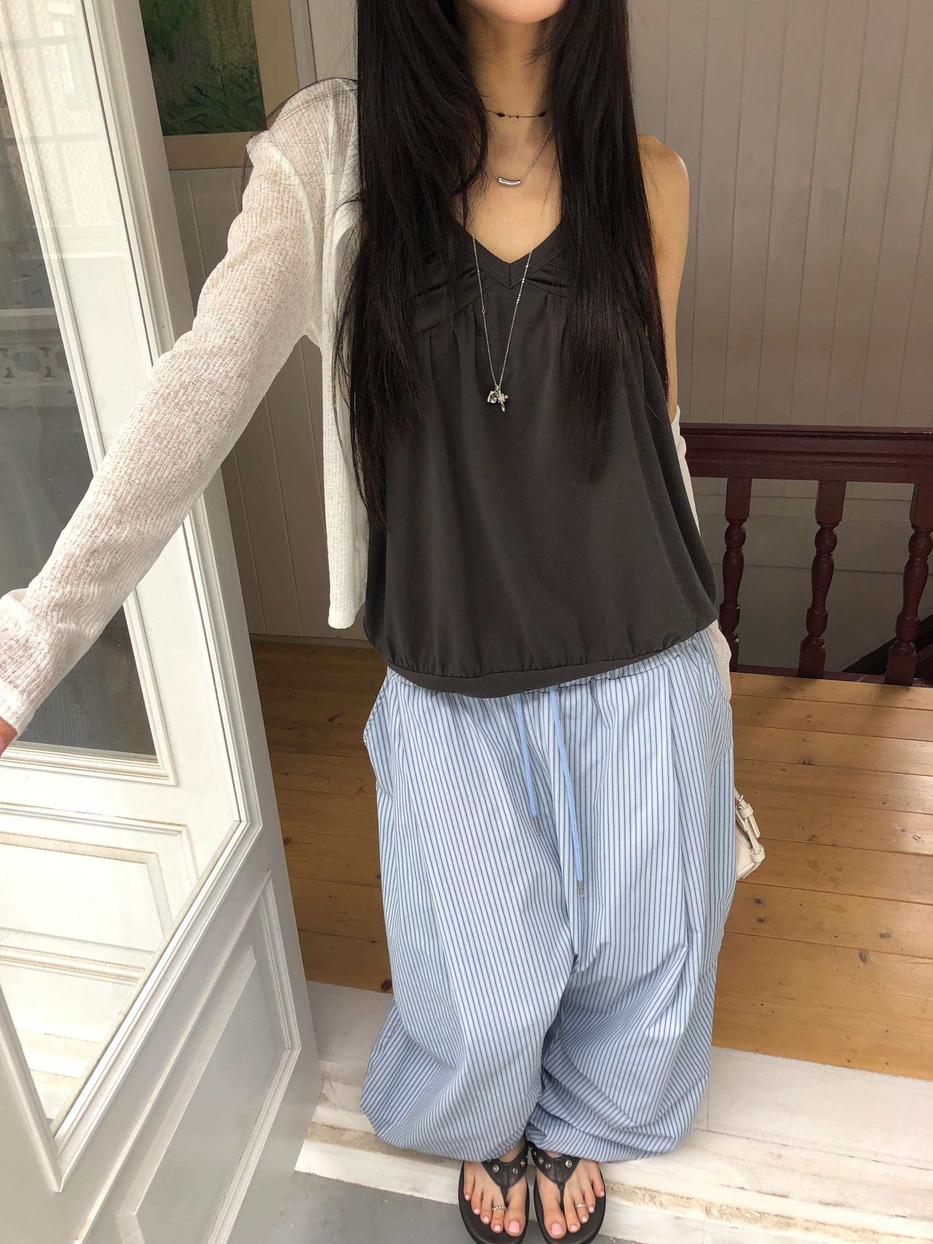 Pinstripe Pintuck Wide-Leg Pants