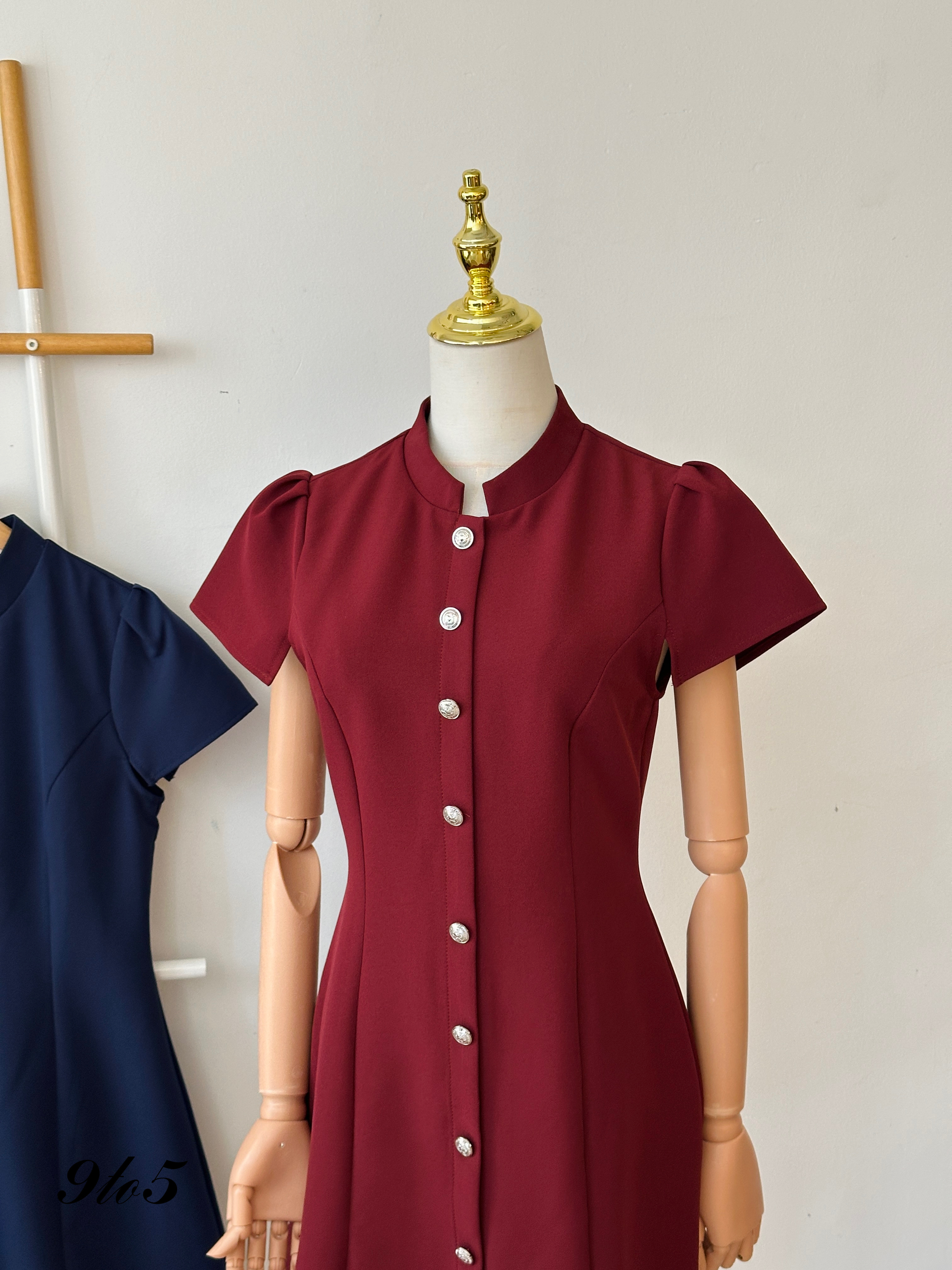 D2313 Puff Sleeve Stand Collar Dress - 3 Colors