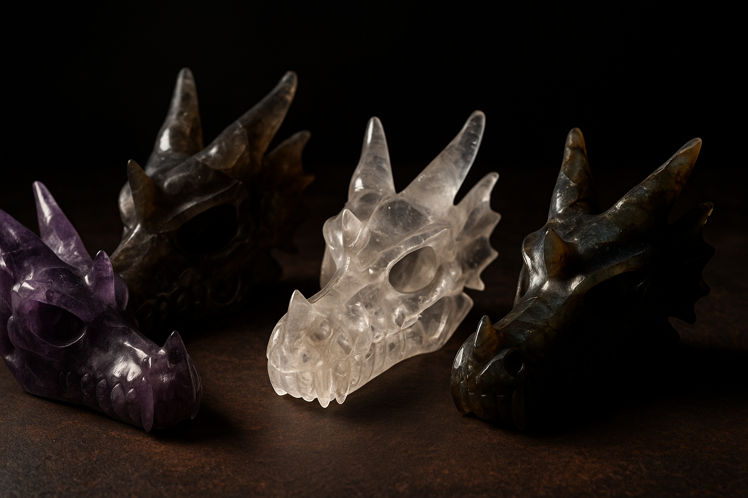 Amethyst dragon skull, smoky quartz dragon skull, and clear quartz dragon skull.